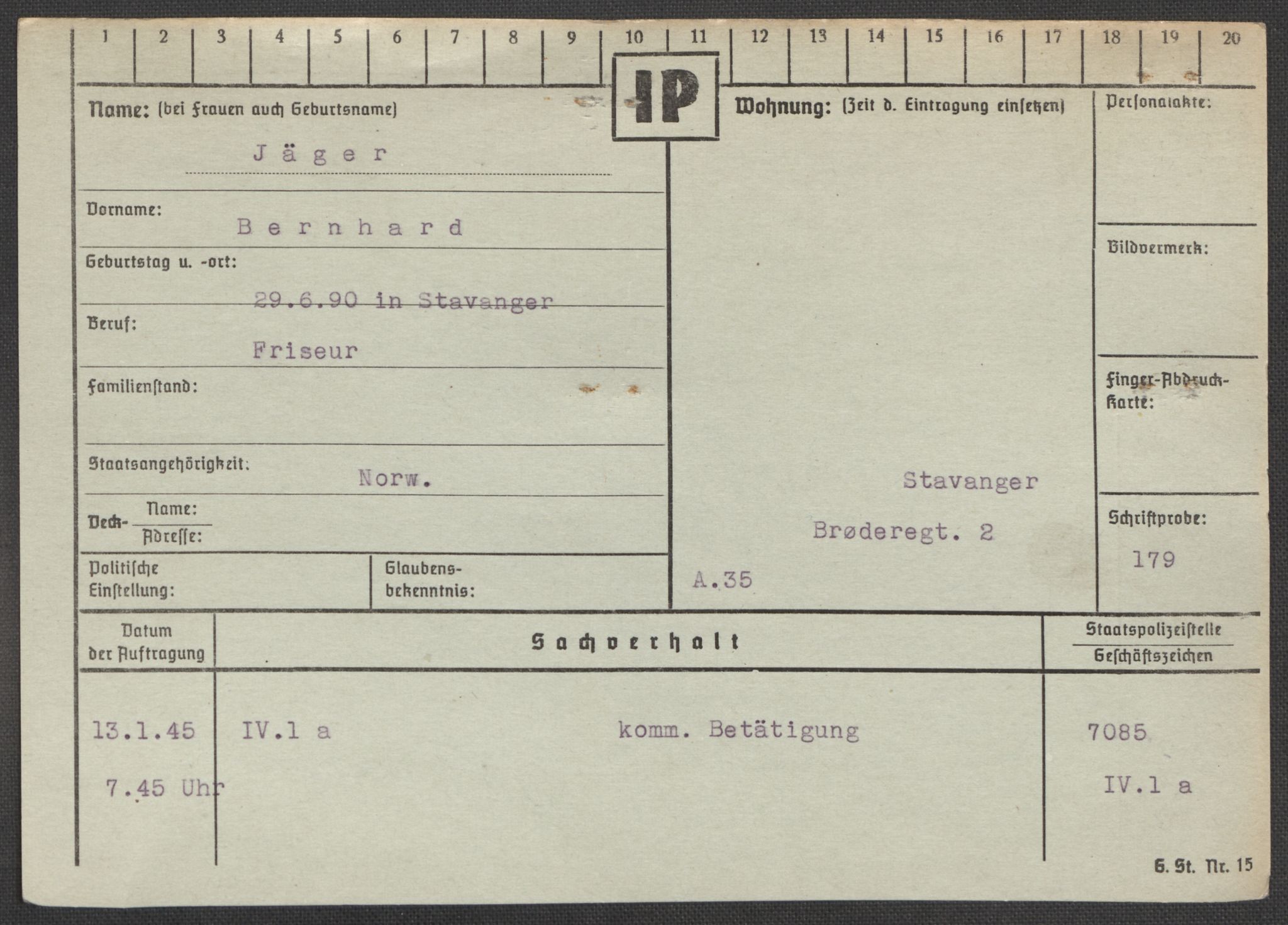 Befehlshaber der Sicherheitspolizei und des SD, AV/RA-RAFA-5969/E/Ea/Eaa/L0005: Register over norske fanger i Møllergata 19: Hø-Kj, 1940-1945, p. 1073