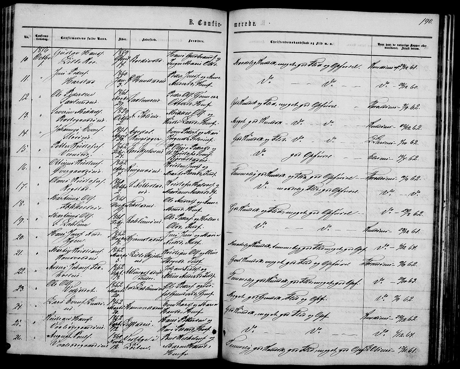 Stange prestekontor, AV/SAH-PREST-002/L/L0006: Parish register (copy) no. 6, 1864-1882, p. 190