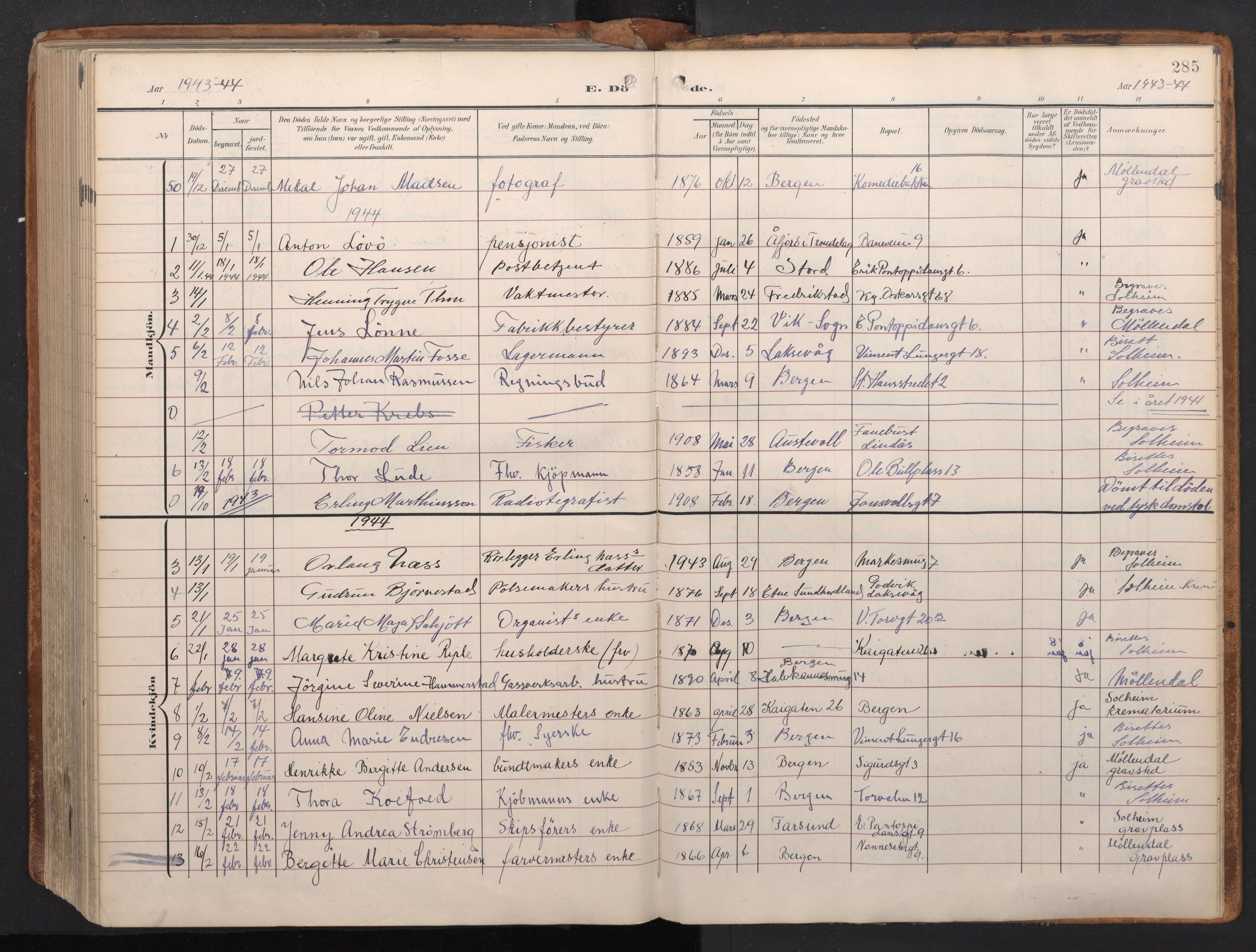 Domkirken sokneprestembete, AV/SAB-A-74801/H/Haa/L0044: Parish register (official) no. E 6, 1904-1946, p. 284b-285a