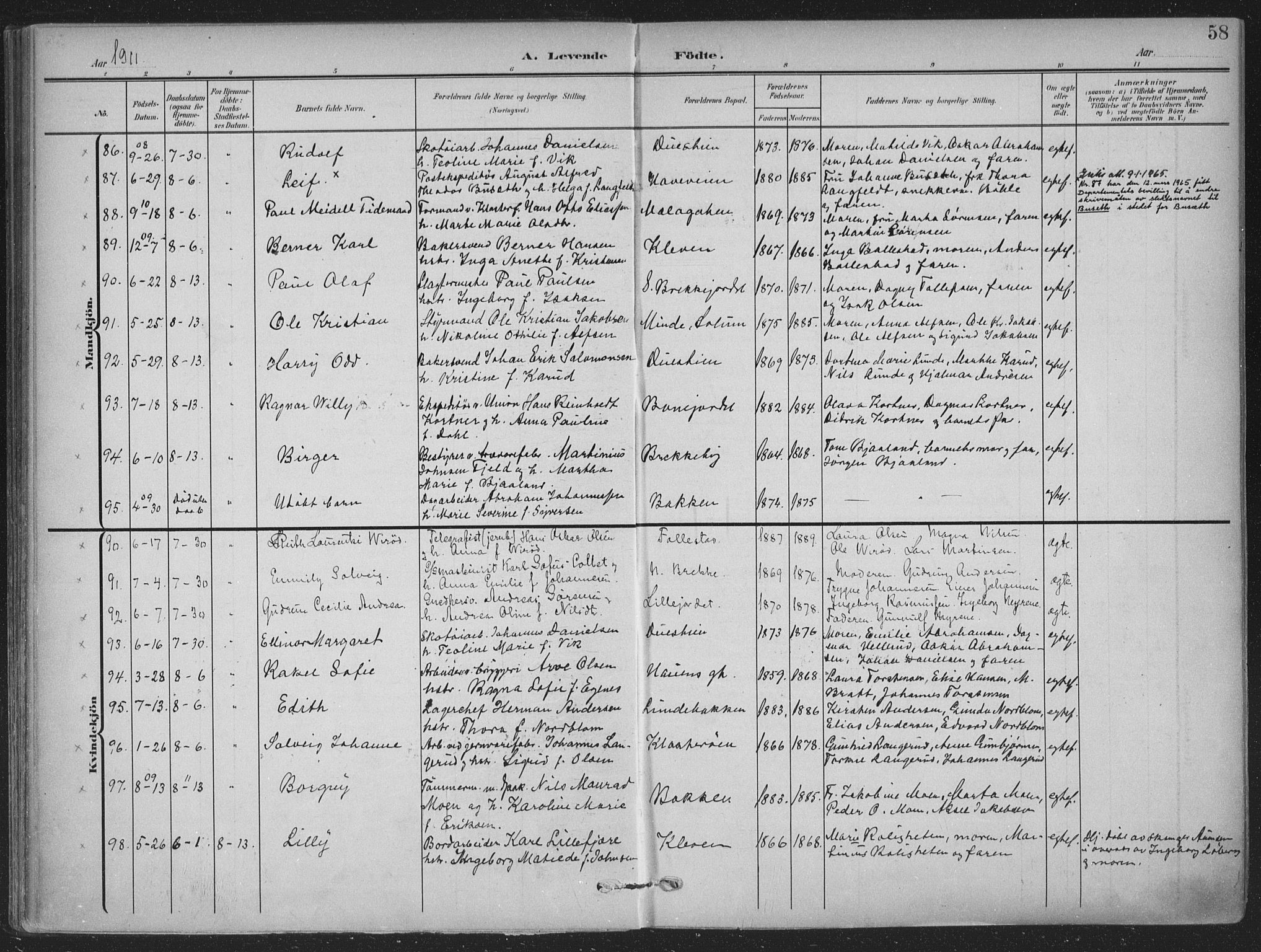 Skien kirkebøker, AV/SAKO-A-302/F/Fa/L0012: Parish register (official) no. 12, 1908-1914, p. 58