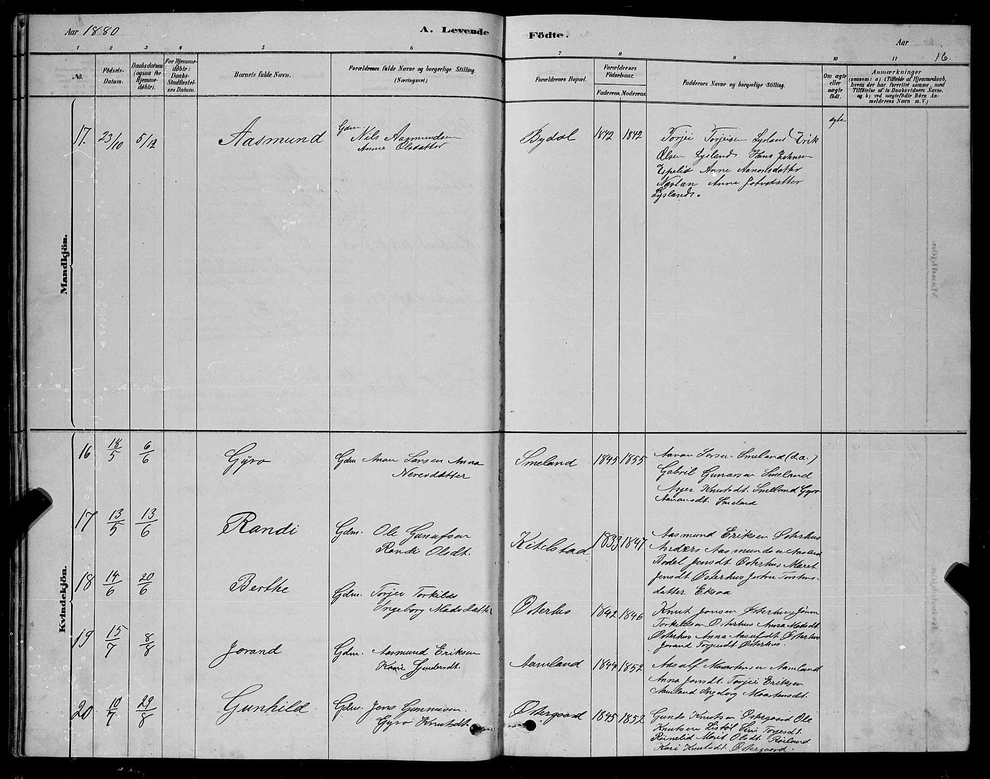 Åseral sokneprestkontor, AV/SAK-1111-0051/F/Fb/L0002: Parish register (copy) no. B 2, 1878-1899, p. 16