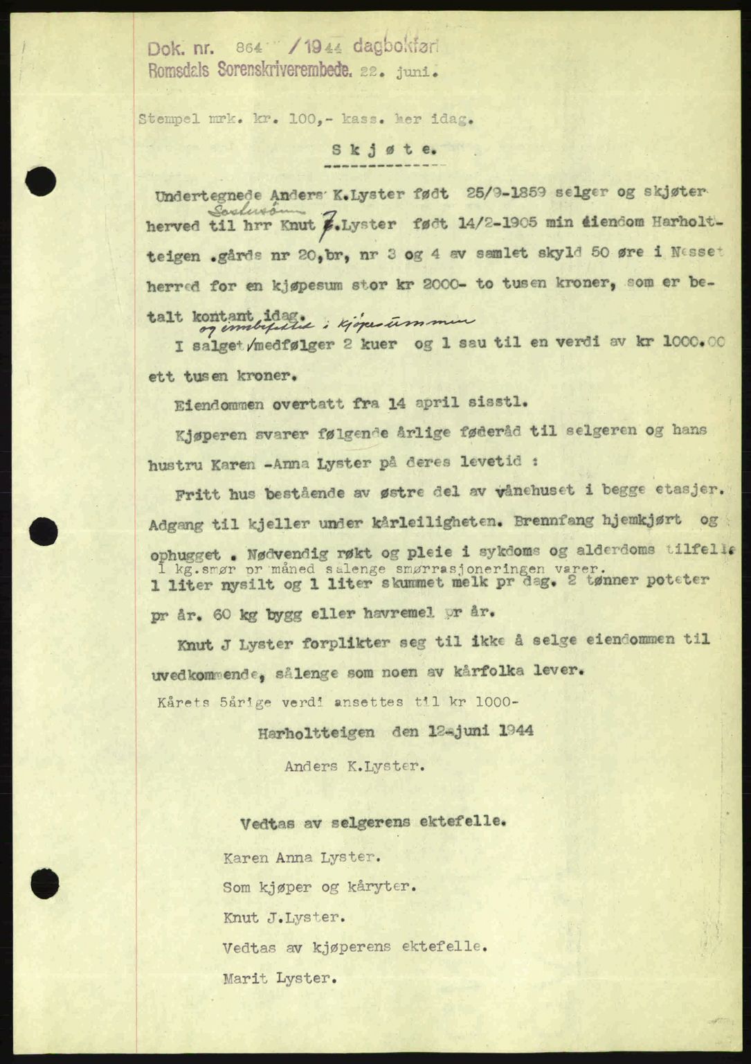 Romsdal sorenskriveri, SAT/A-4149/1/2/2C: Mortgage book no. A16, 1944-1944, Diary no: : 864/1944