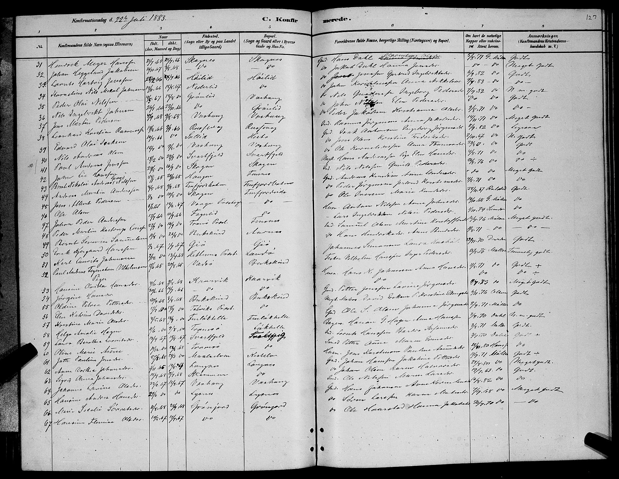 Lenvik sokneprestembete, SATØ/S-1310/H/Ha/Hab/L0006klokker: Parish register (copy) no. 6, 1881-1889, p. 127