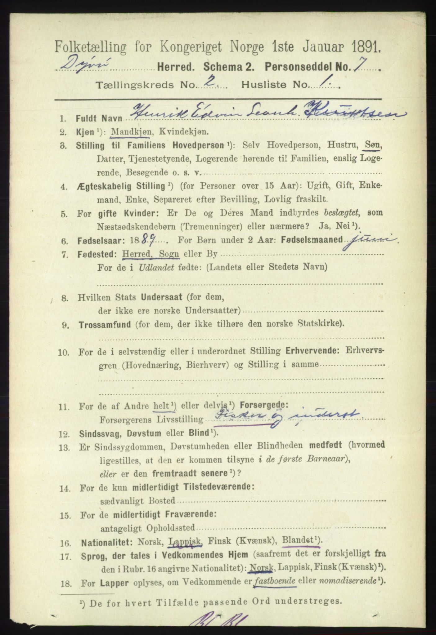 RA, 1891 census for 1926 Dyrøy, 1891, p. 539