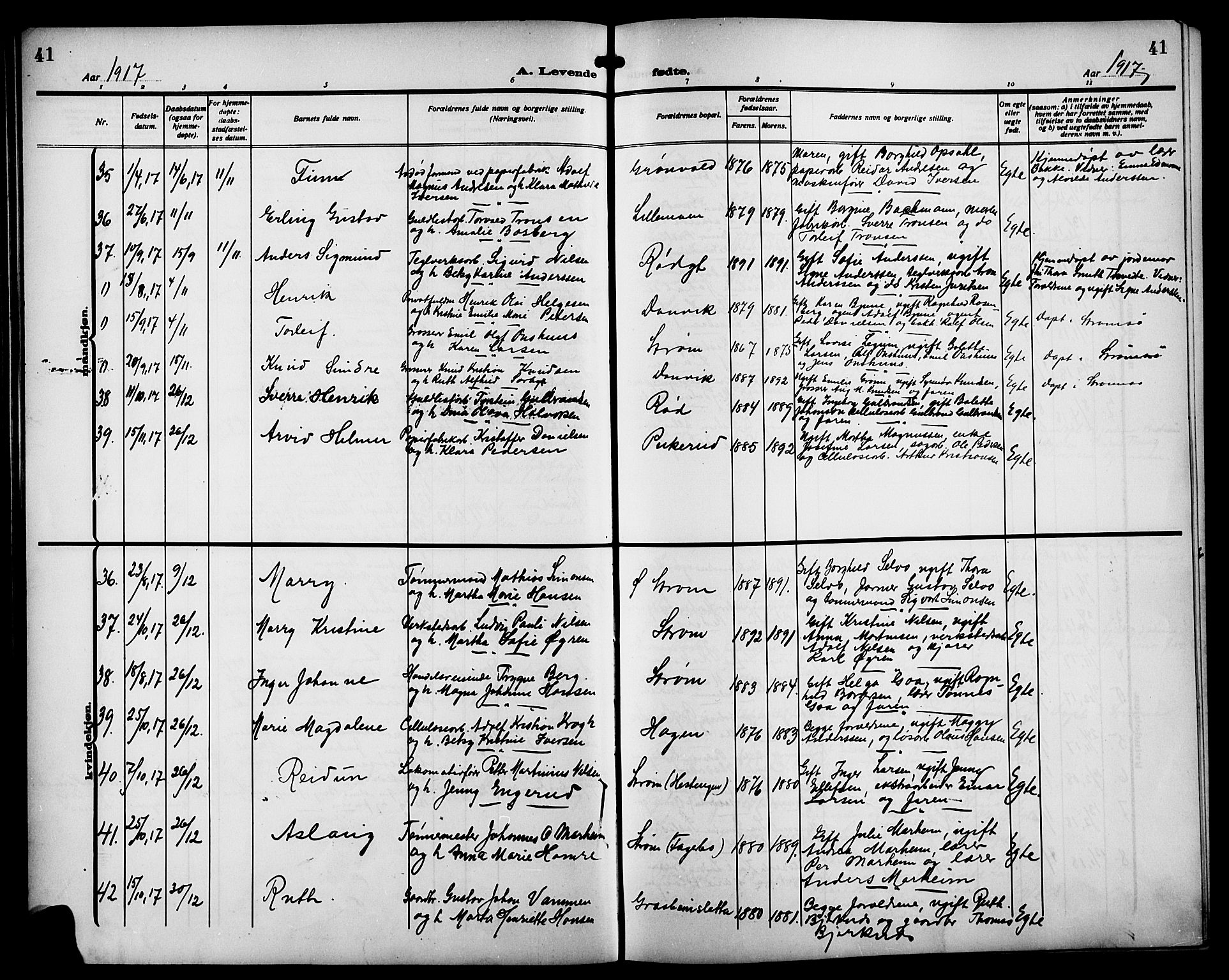 Strømsgodset kirkebøker, AV/SAKO-A-324/G/Ga/L0003: Parish register (copy) no. 3, 1911-1926, p. 41