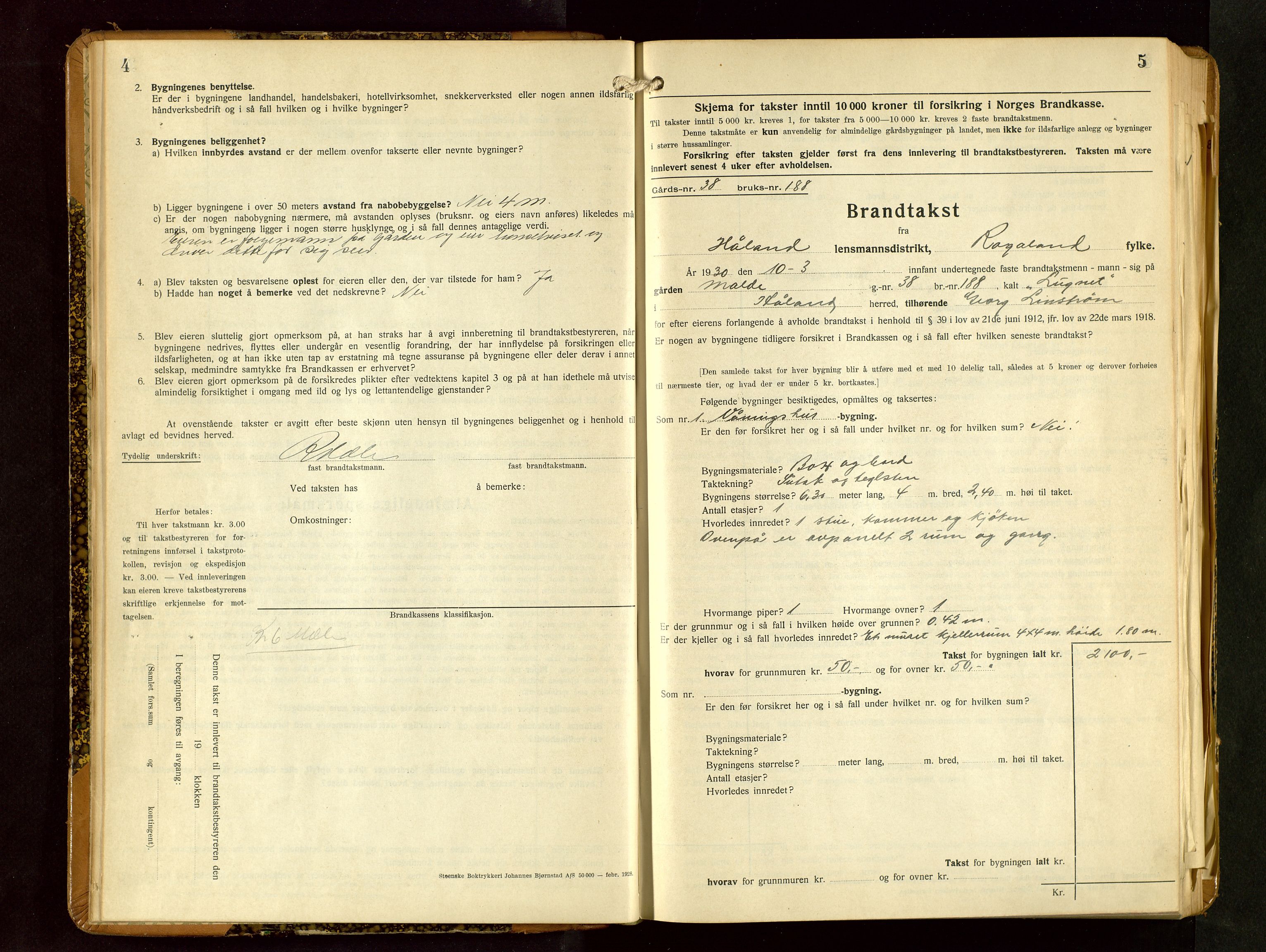 Håland lensmannskontor, SAST/A-100100/Gob/L0009: Branntakstprotokoll - skjematakst. Register i boken., 1930-1933, p. 4-5