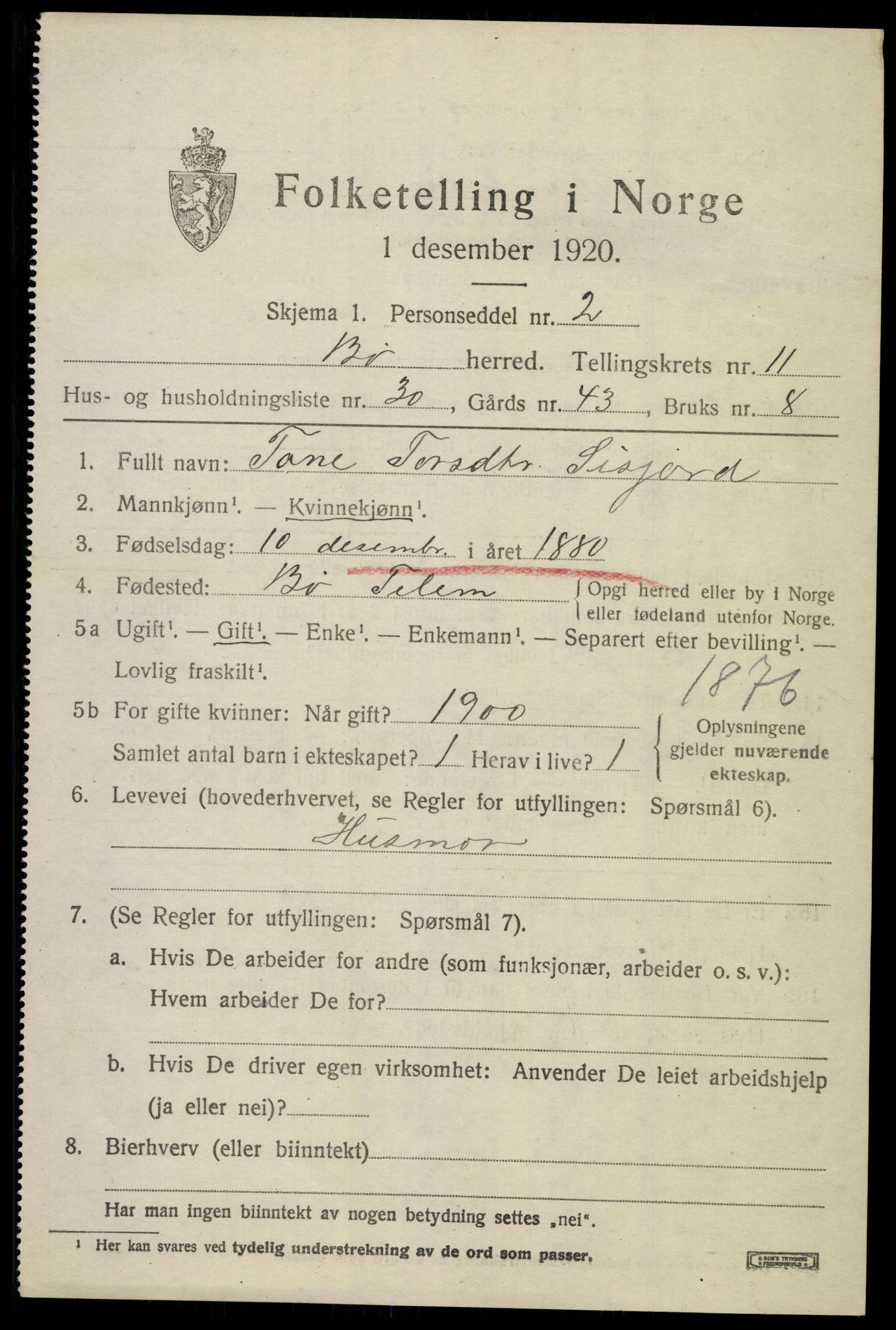 SAKO, 1920 census for Bø (Telemark), 1920, p. 7034