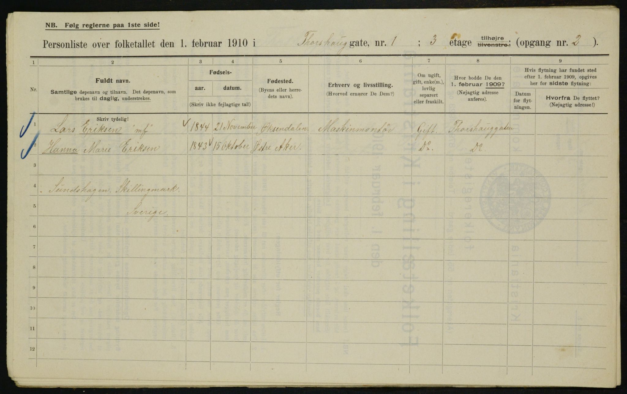 OBA, Municipal Census 1910 for Kristiania, 1910, p. 108596