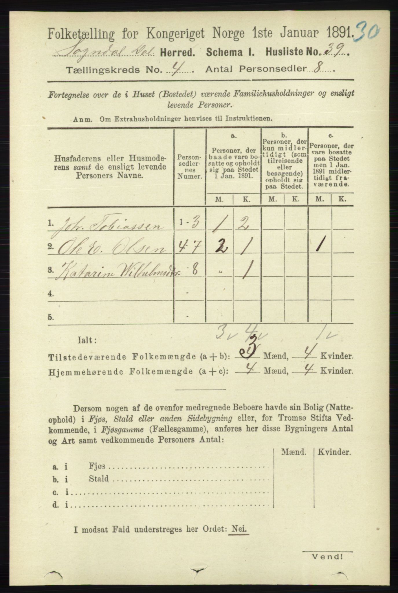 RA, 1891 census for 1111 Sokndal, 1891, p. 990