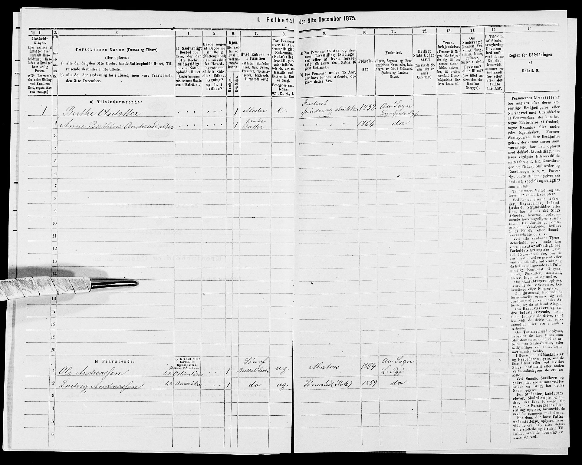 SAK, 1875 census for 1032P Lyngdal, 1875, p. 1858