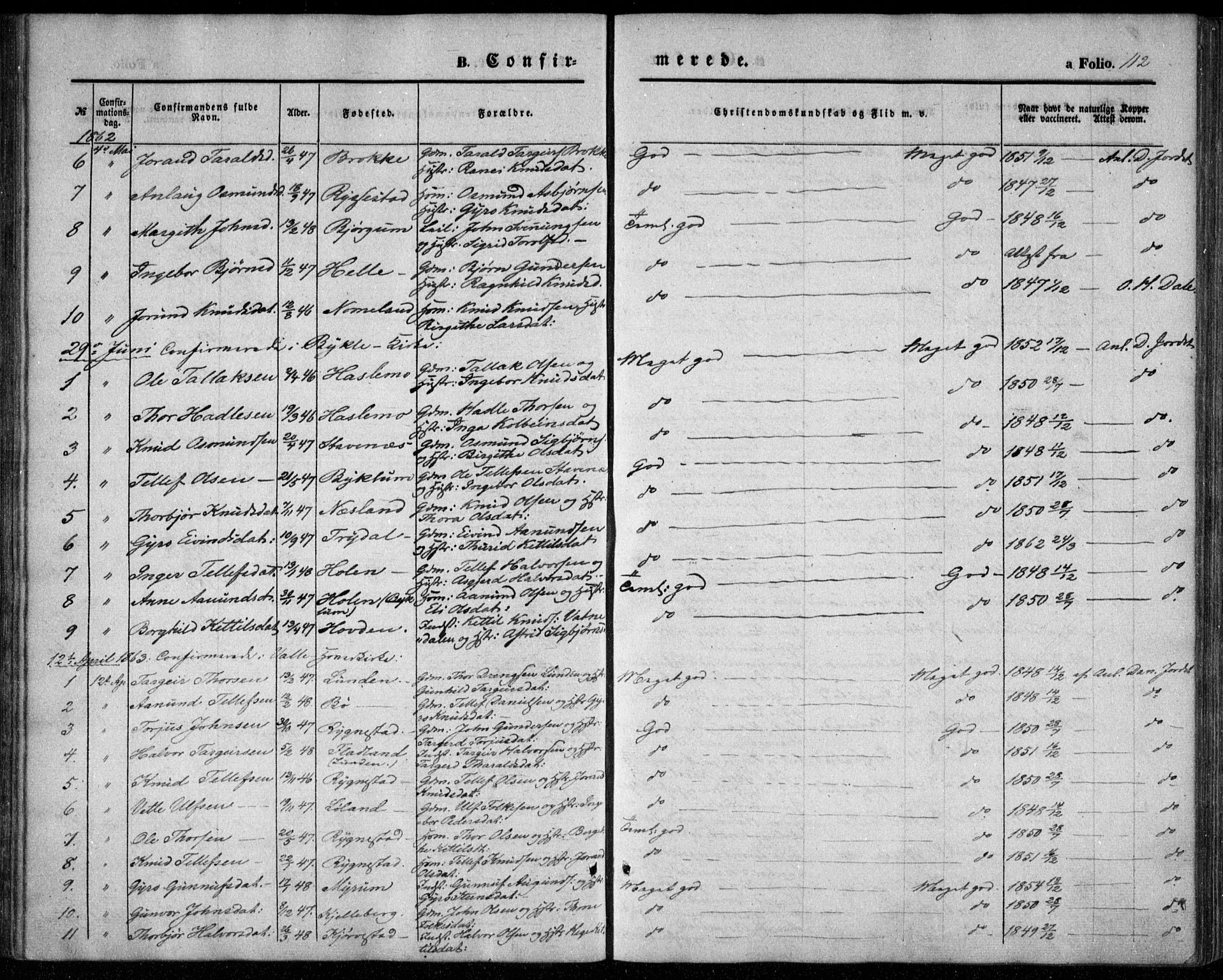 Valle sokneprestkontor, SAK/1111-0044/F/Fa/Fac/L0007: Parish register (official) no. A 7, 1854-1868, p. 112