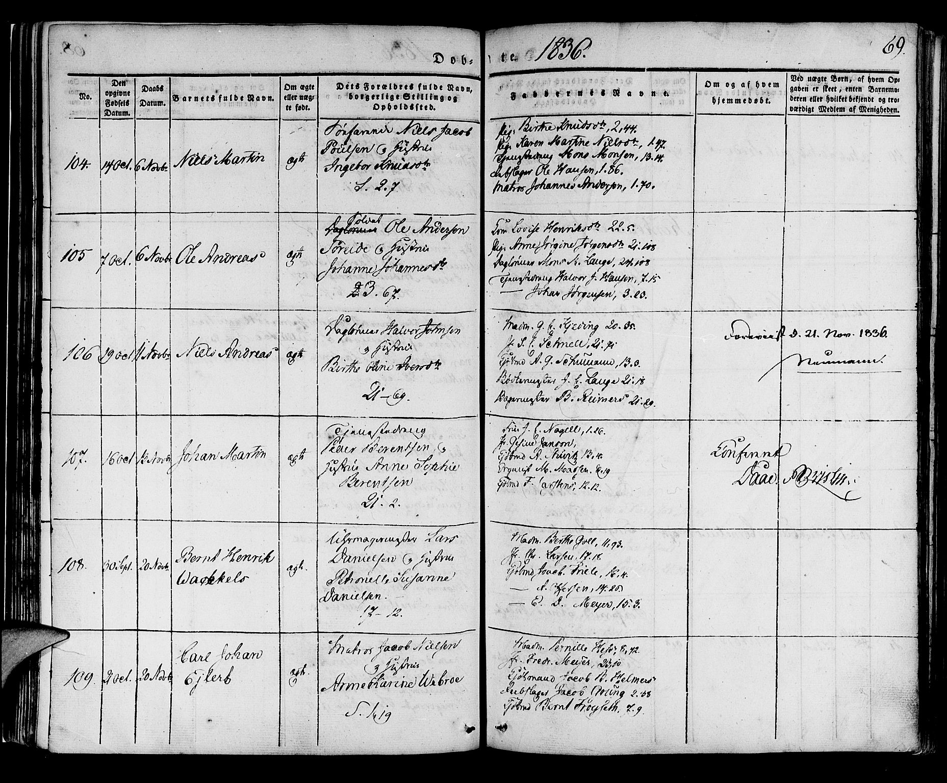 Korskirken sokneprestembete, SAB/A-76101/H/Haa/L0015: Parish register (official) no. B 1, 1833-1841, p. 69