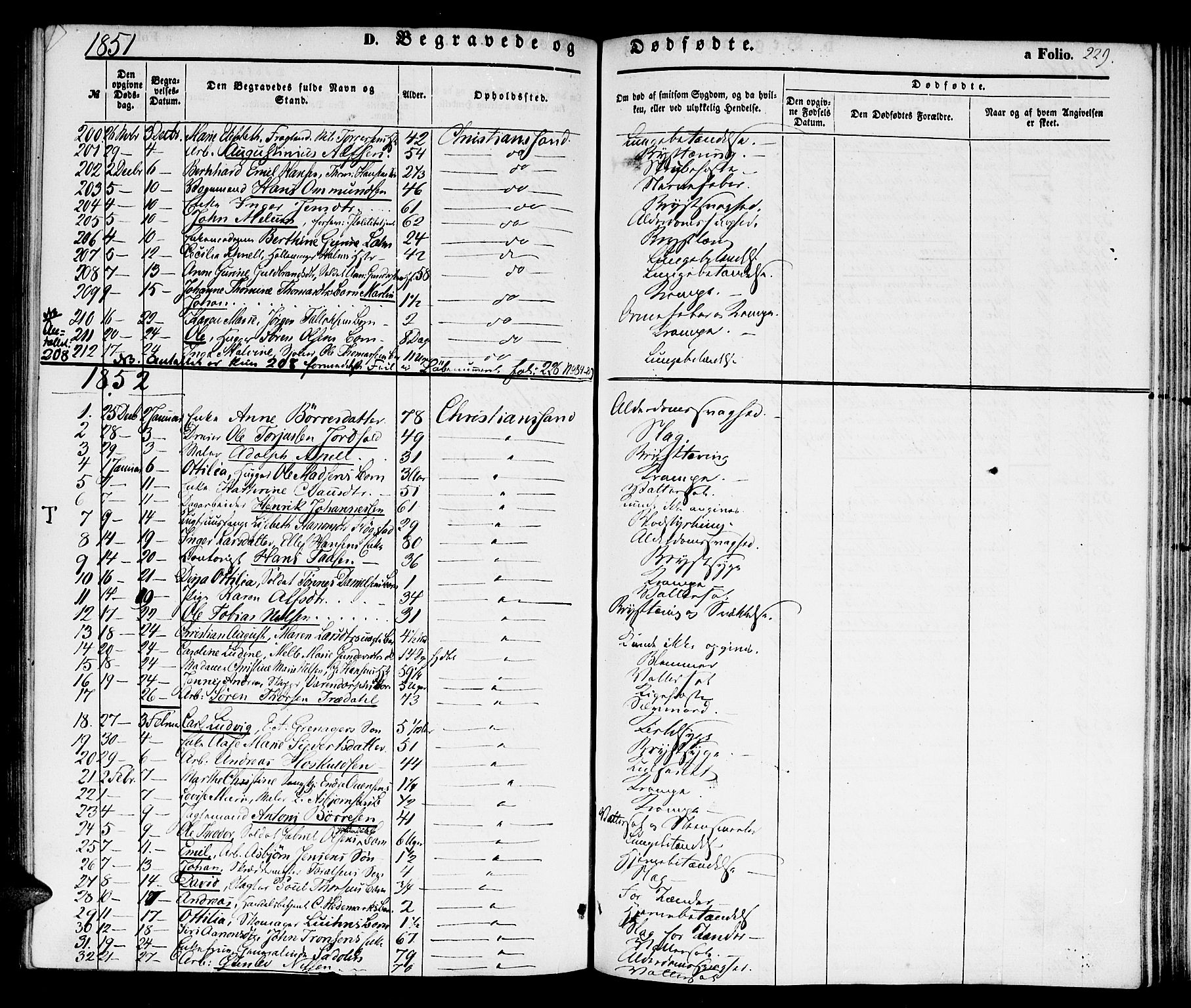 Kristiansand domprosti, SAK/1112-0006/F/Fb/L0011: Parish register (copy) no. B 11, 1851-1861, p. 229