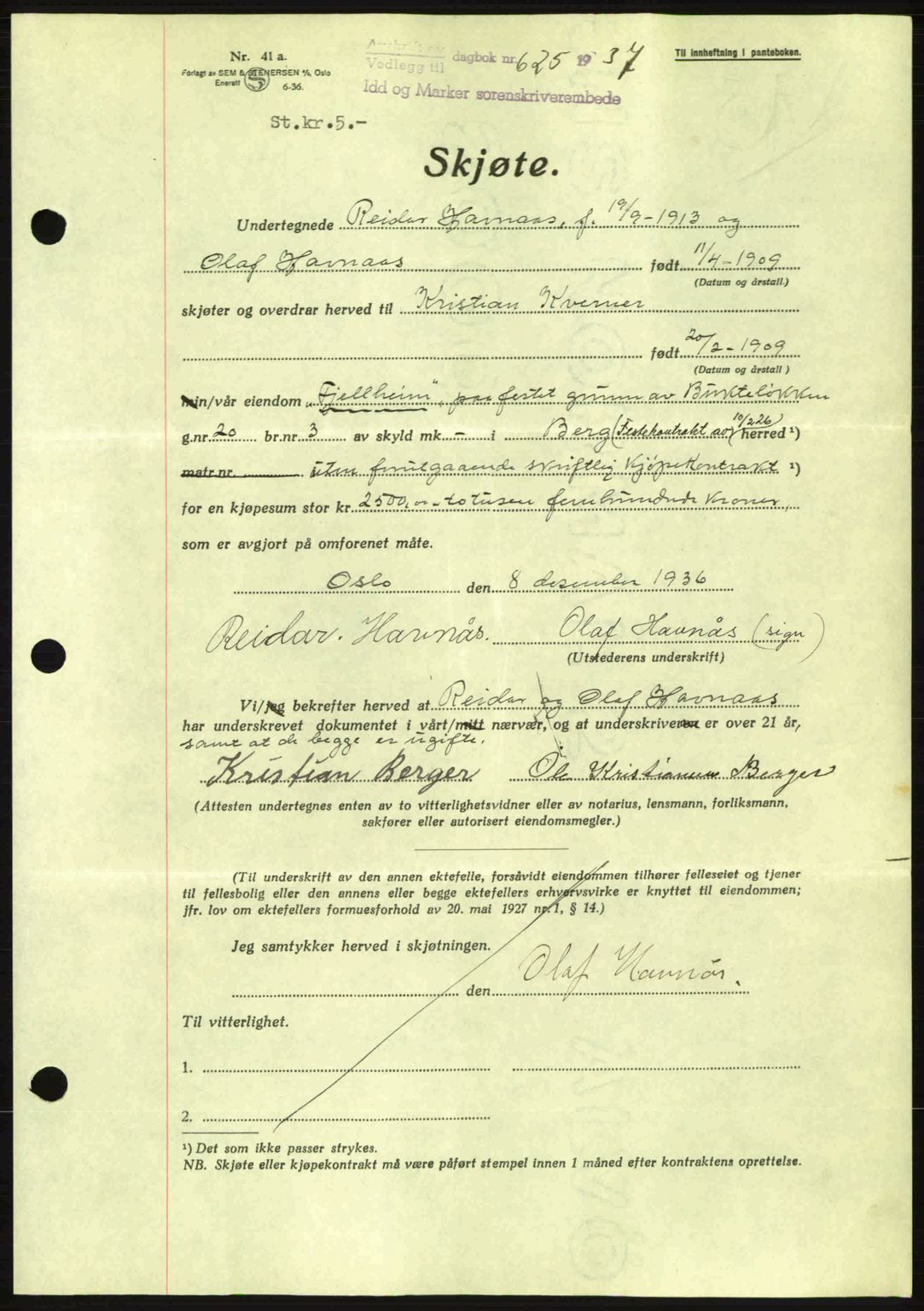 Idd og Marker sorenskriveri, AV/SAO-A-10283/G/Gb/Gbb/L0002: Mortgage book no. A2, 1937-1938, Diary no: : 625/1937