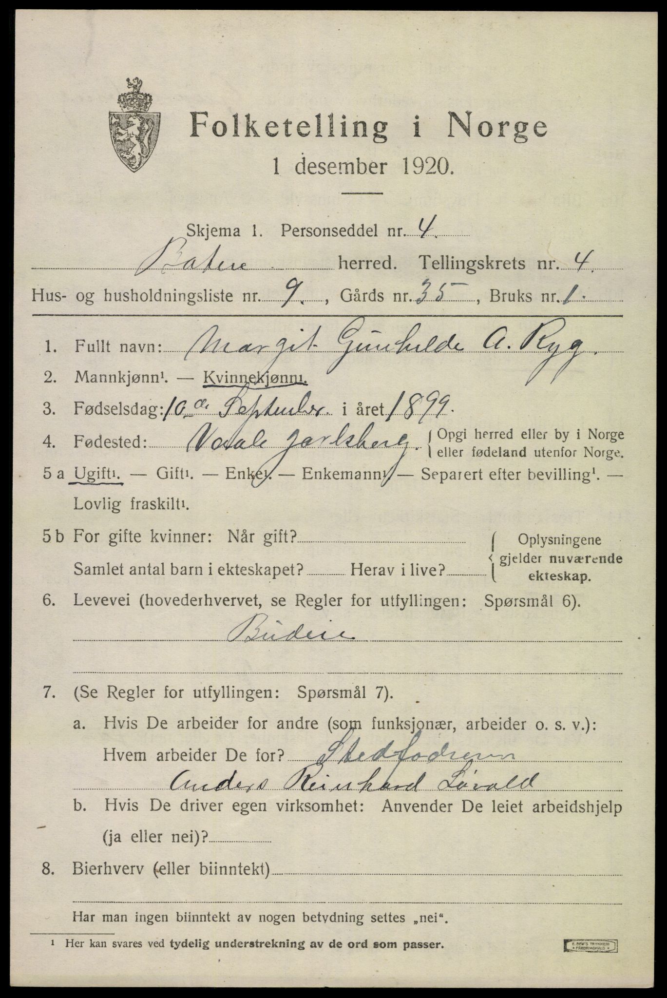 SAKO, 1920 census for Botne, 1920, p. 3683