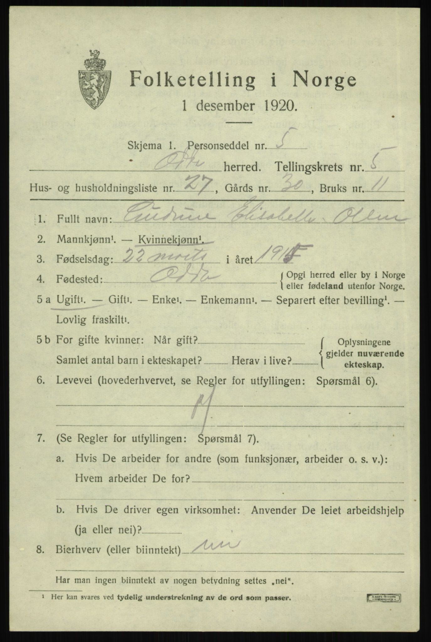 SAB, 1920 census for Odda, 1920, p. 3687