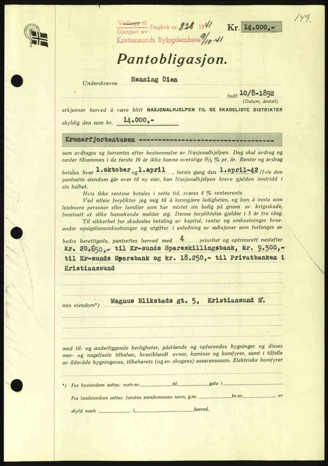 Kristiansund byfogd, AV/SAT-A-4587/A/27: Mortgage book no. 35, 1941-1942, Diary no: : 828/1941