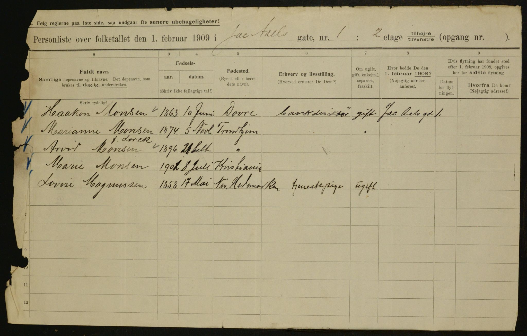 OBA, Municipal Census 1909 for Kristiania, 1909, p. 40840