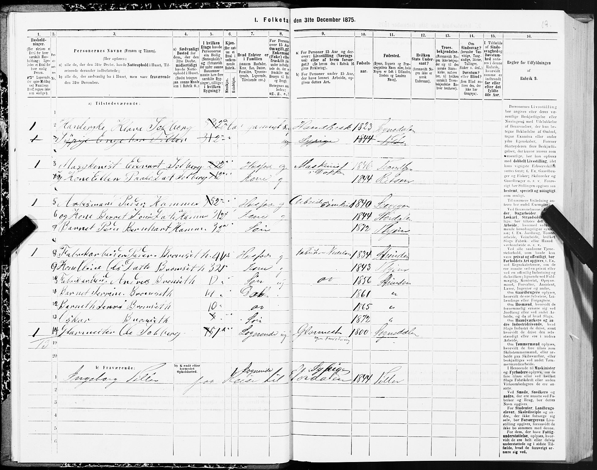 SAT, 1875 census for 1601 Trondheim, 1875, p. 9019