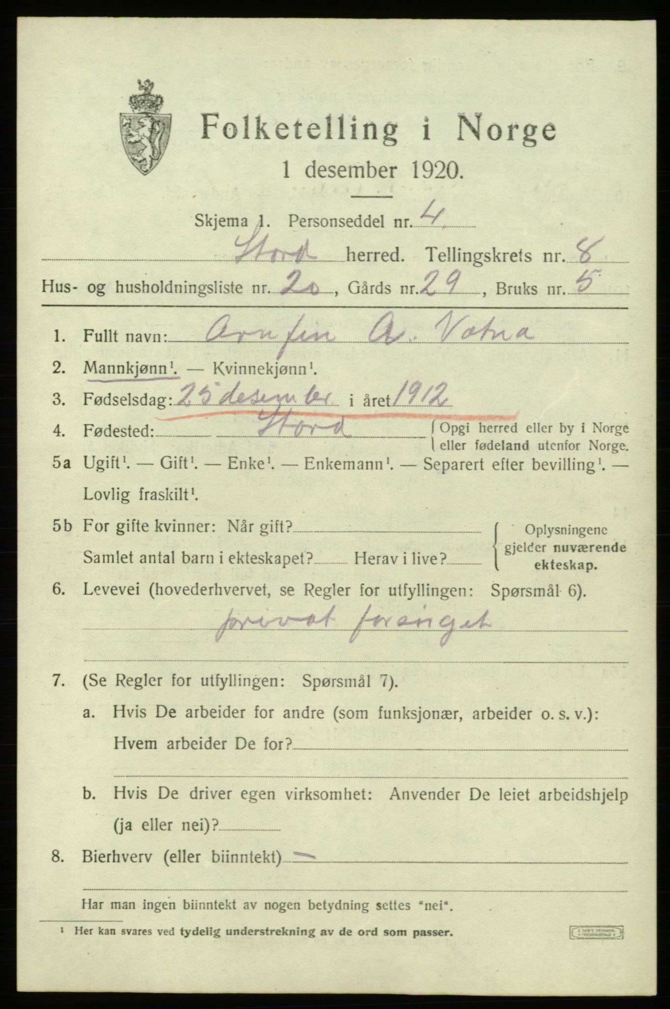 SAB, 1920 census for Stord, 1920, p. 4703