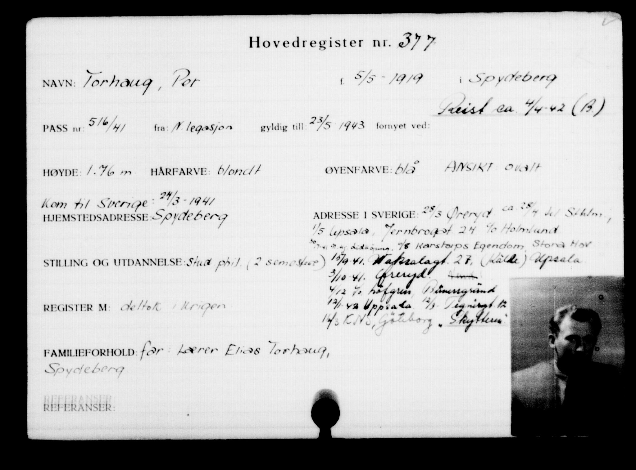 Utenriksstasjonene, Legasjonen i Stockholm, Flyktningkontoret, AV/RA-S-6753/V/Va/L0001: Kjesäterkartoteket, flyktninger med registreringsnr. 1-1000, 1940-1945, p. 595