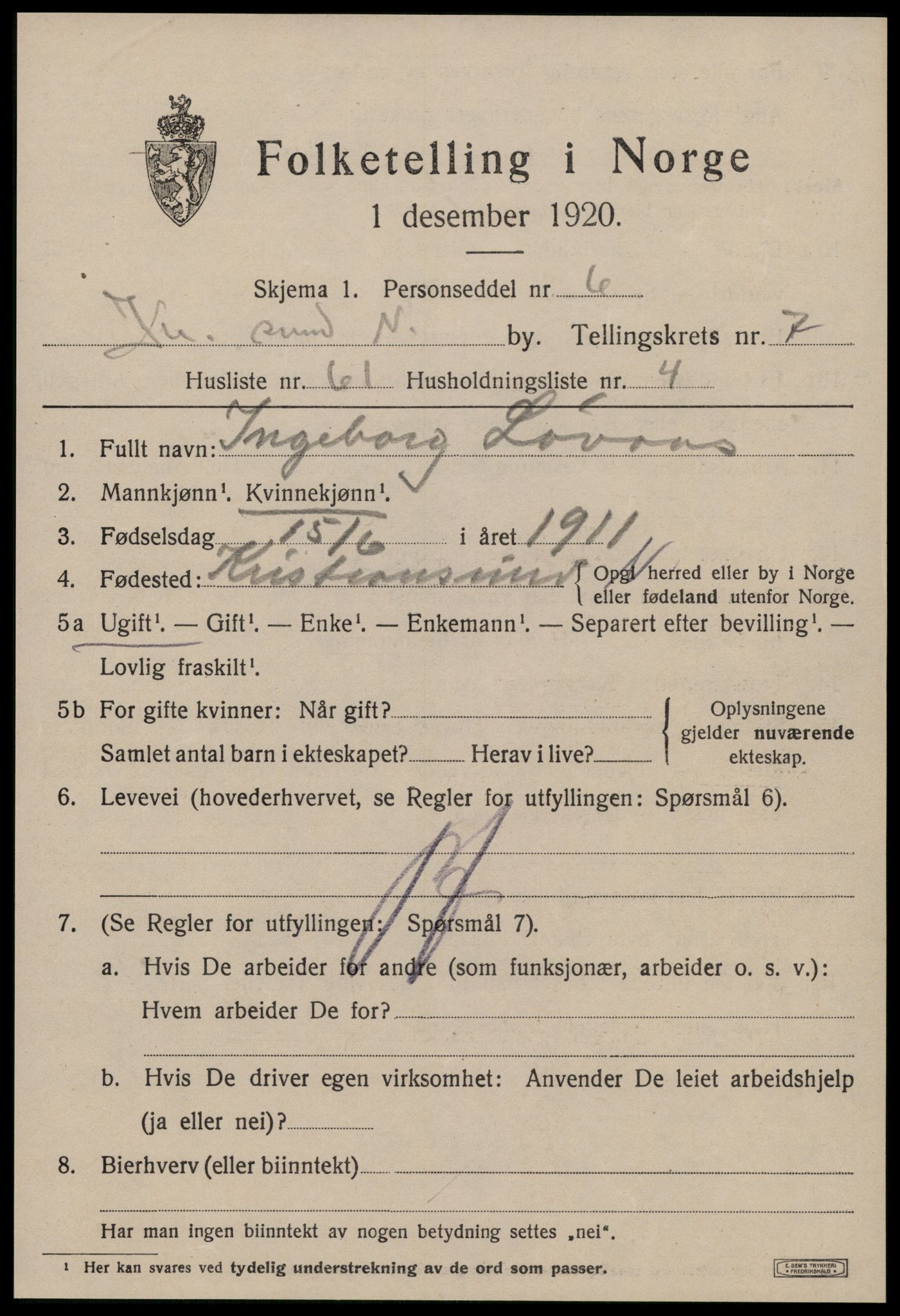 SAT, 1920 census for Kristiansund, 1920, p. 19823