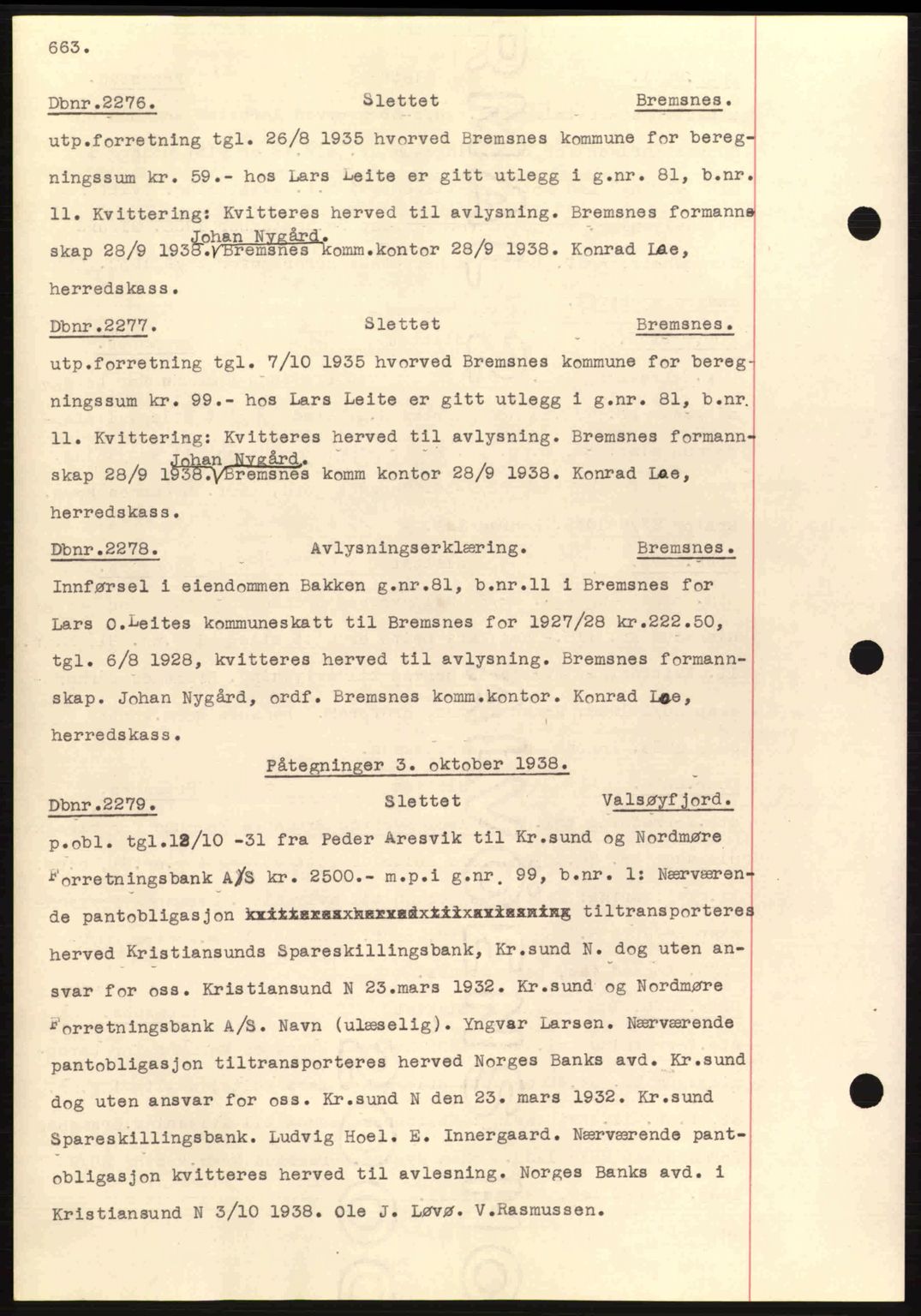 Nordmøre sorenskriveri, AV/SAT-A-4132/1/2/2Ca: Mortgage book no. C80, 1936-1939, Diary no: : 2276/1938