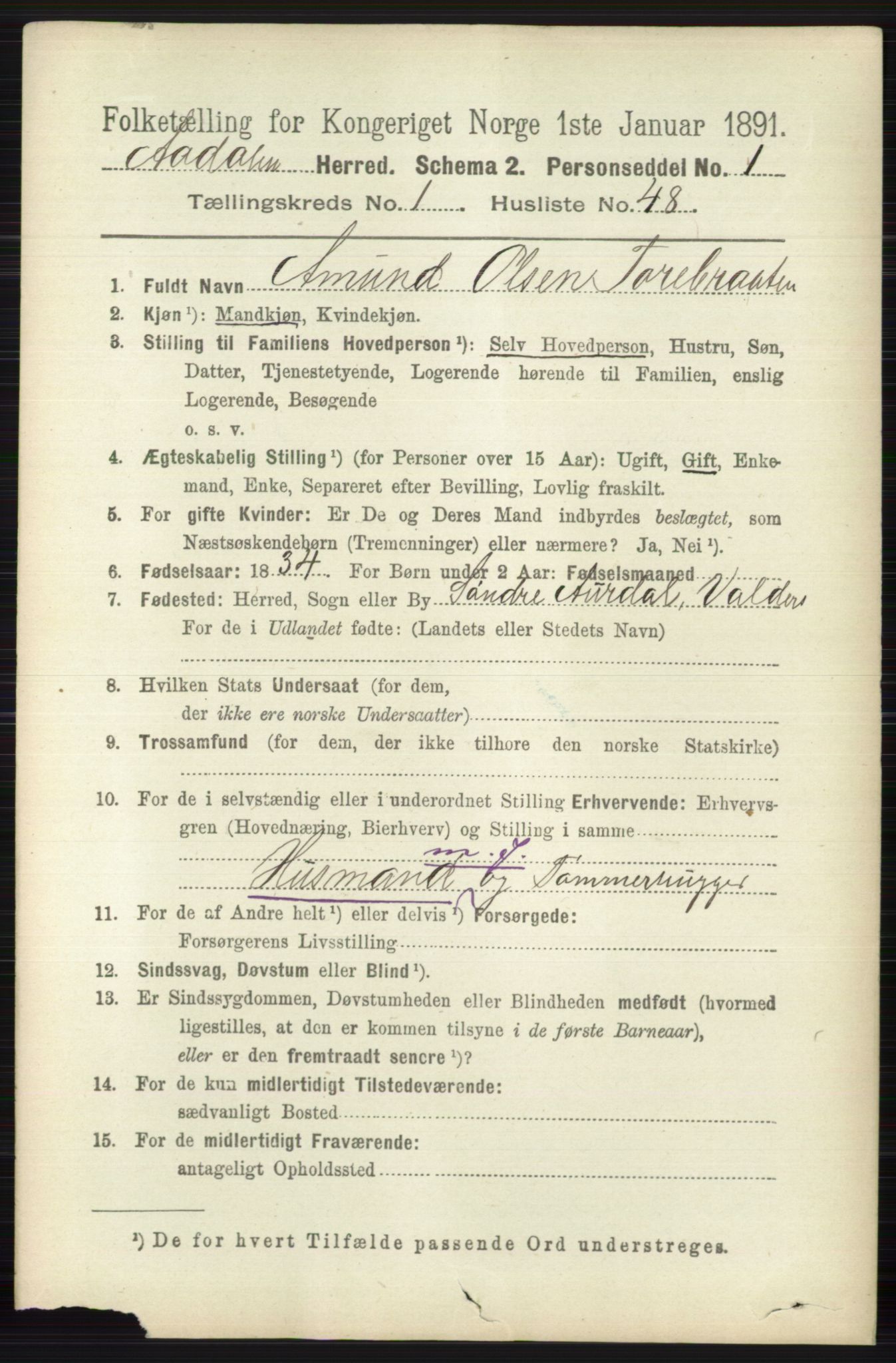 RA, 1891 census for 0614 Ådal, 1891, p. 580