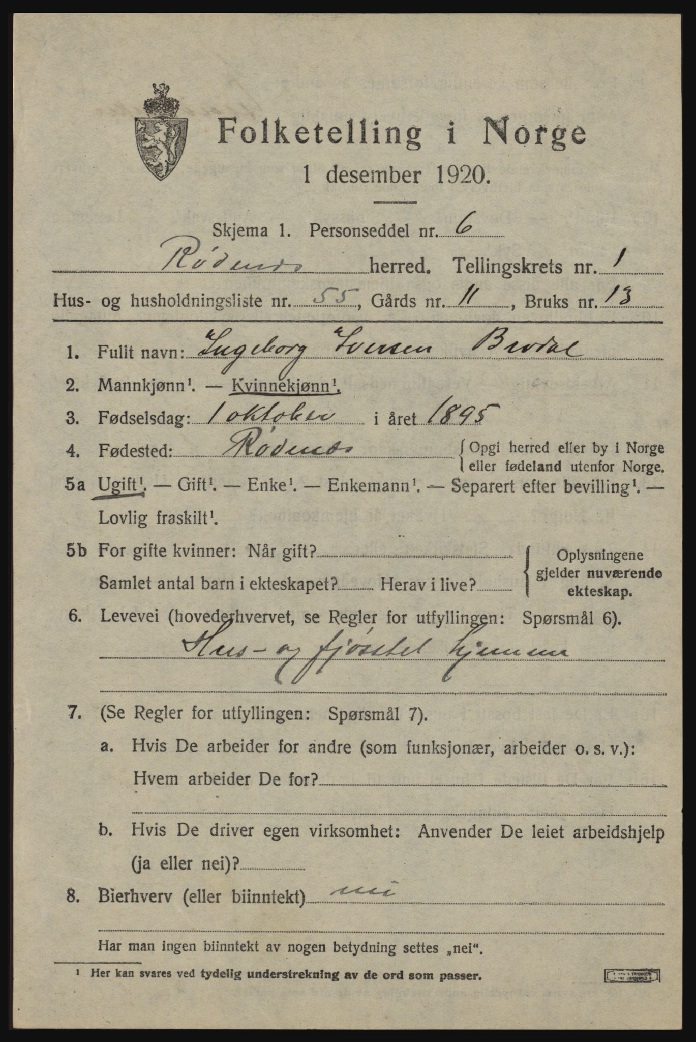 SAO, 1920 census for Rødenes, 1920, p. 1090