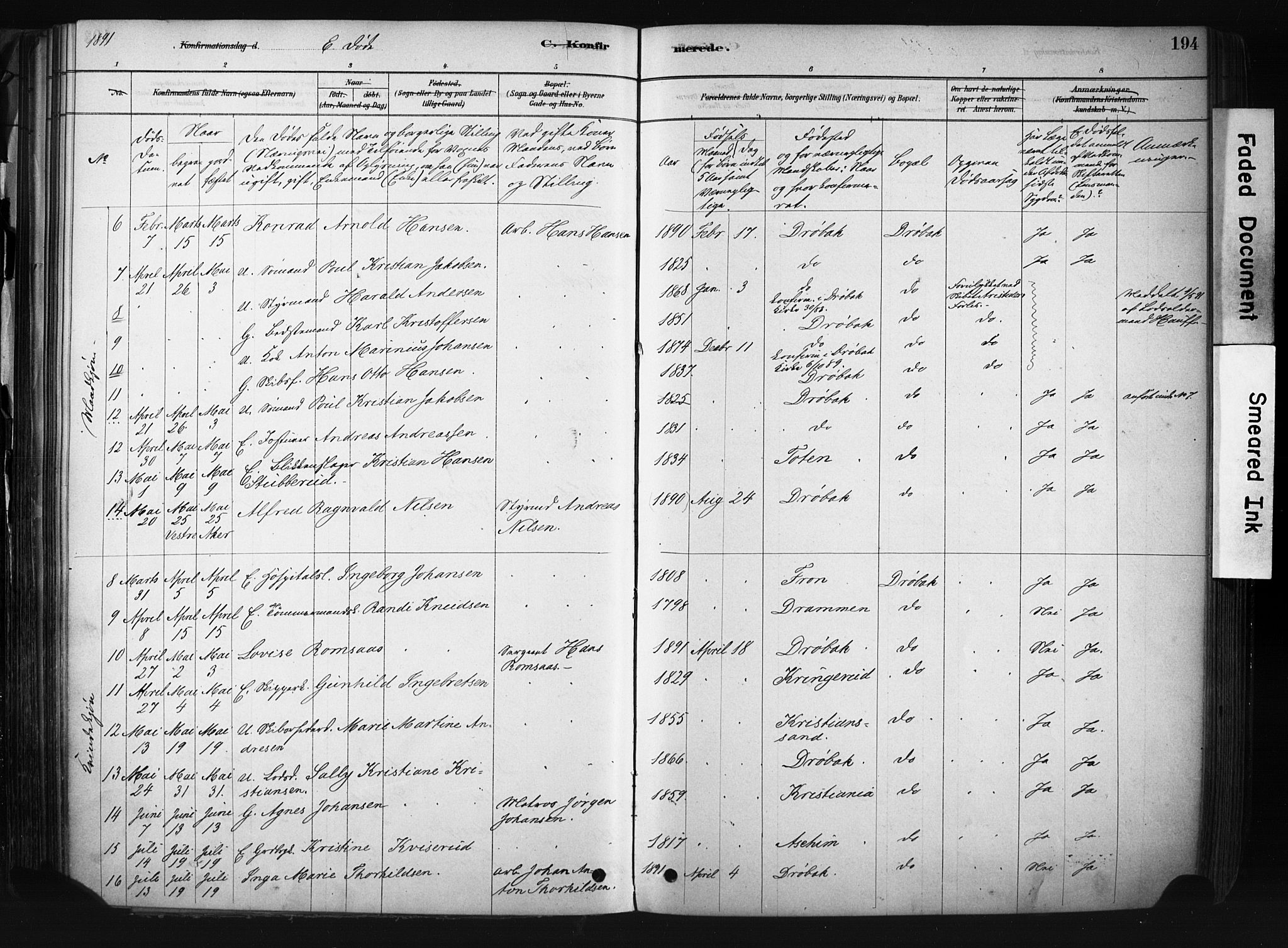 Drøbak prestekontor Kirkebøker, AV/SAO-A-10142a/F/Fb/L0001: Parish register (official) no. II 1, 1878-1891, p. 194