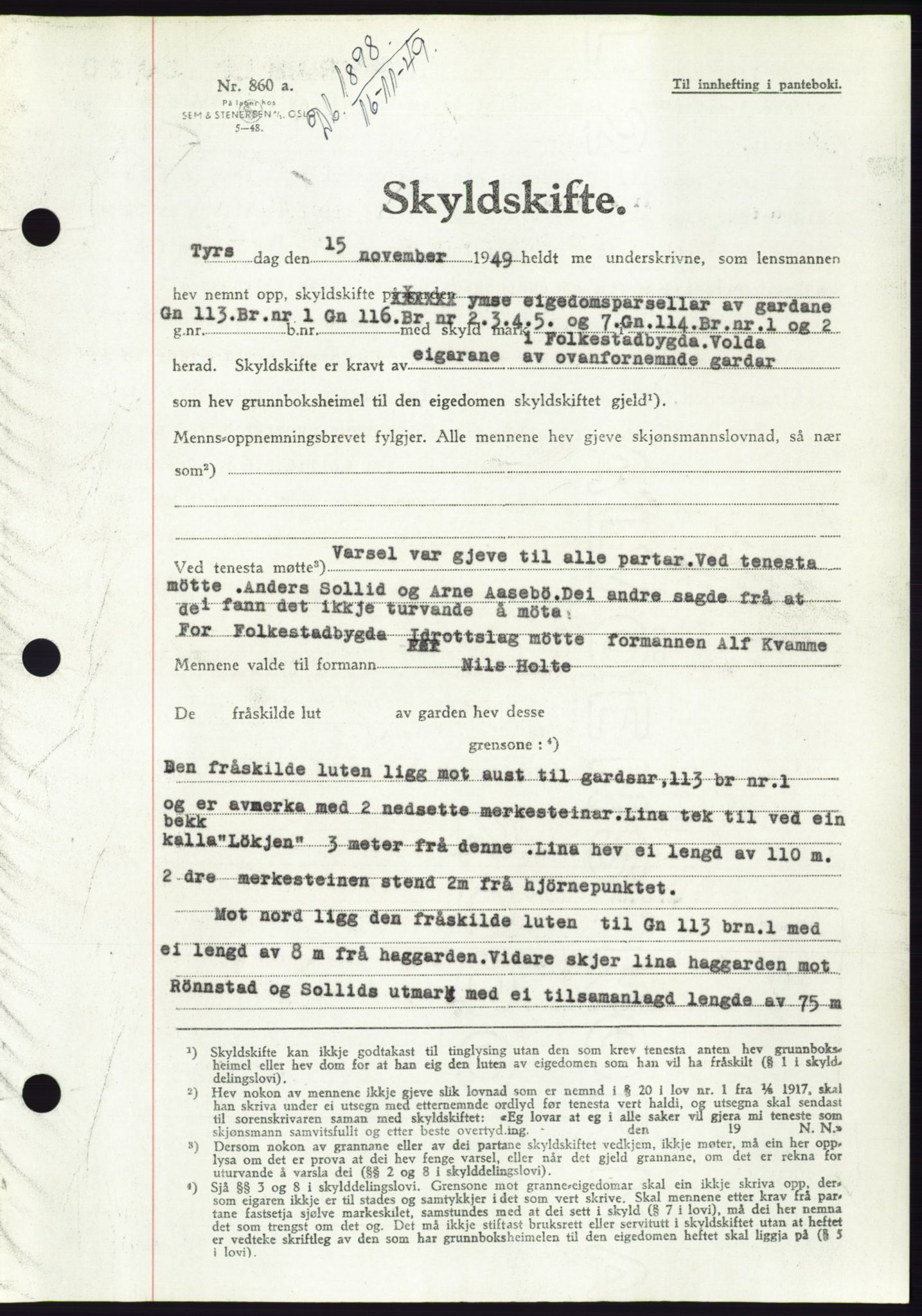 Søre Sunnmøre sorenskriveri, AV/SAT-A-4122/1/2/2C/L0085: Mortgage book no. 11A, 1949-1949, Diary no: : 1898/1949