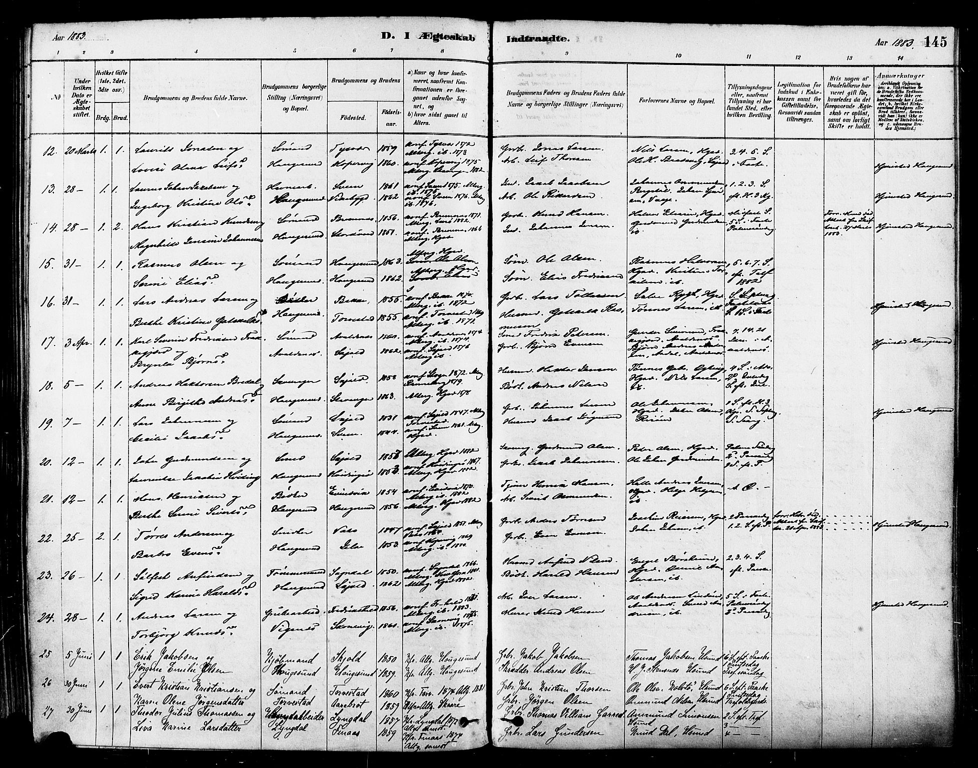 Haugesund sokneprestkontor, AV/SAST-A -101863/H/Ha/Haa/L0001: Parish register (official) no. A 1, 1878-1885, p. 145