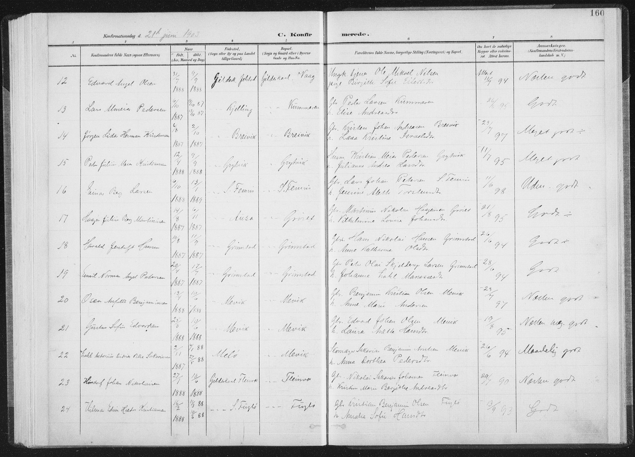 Ministerialprotokoller, klokkerbøker og fødselsregistre - Nordland, AV/SAT-A-1459/805/L0102: Parish register (official) no. 805A08I, 1900-1909, p. 160