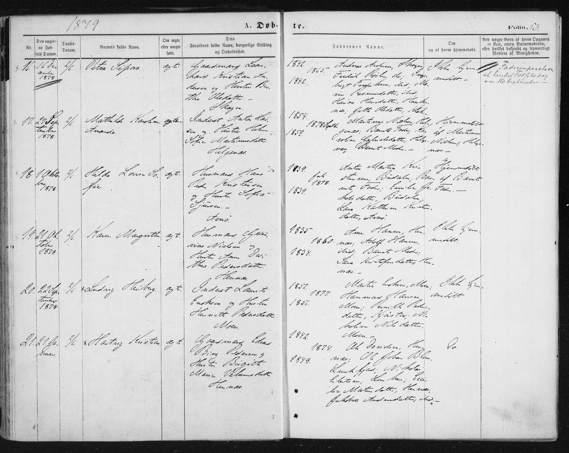 Ministerialprotokoller, klokkerbøker og fødselsregistre - Nordland, AV/SAT-A-1459/888/L1243: Parish register (official) no. 888A09, 1876-1879, p. 53