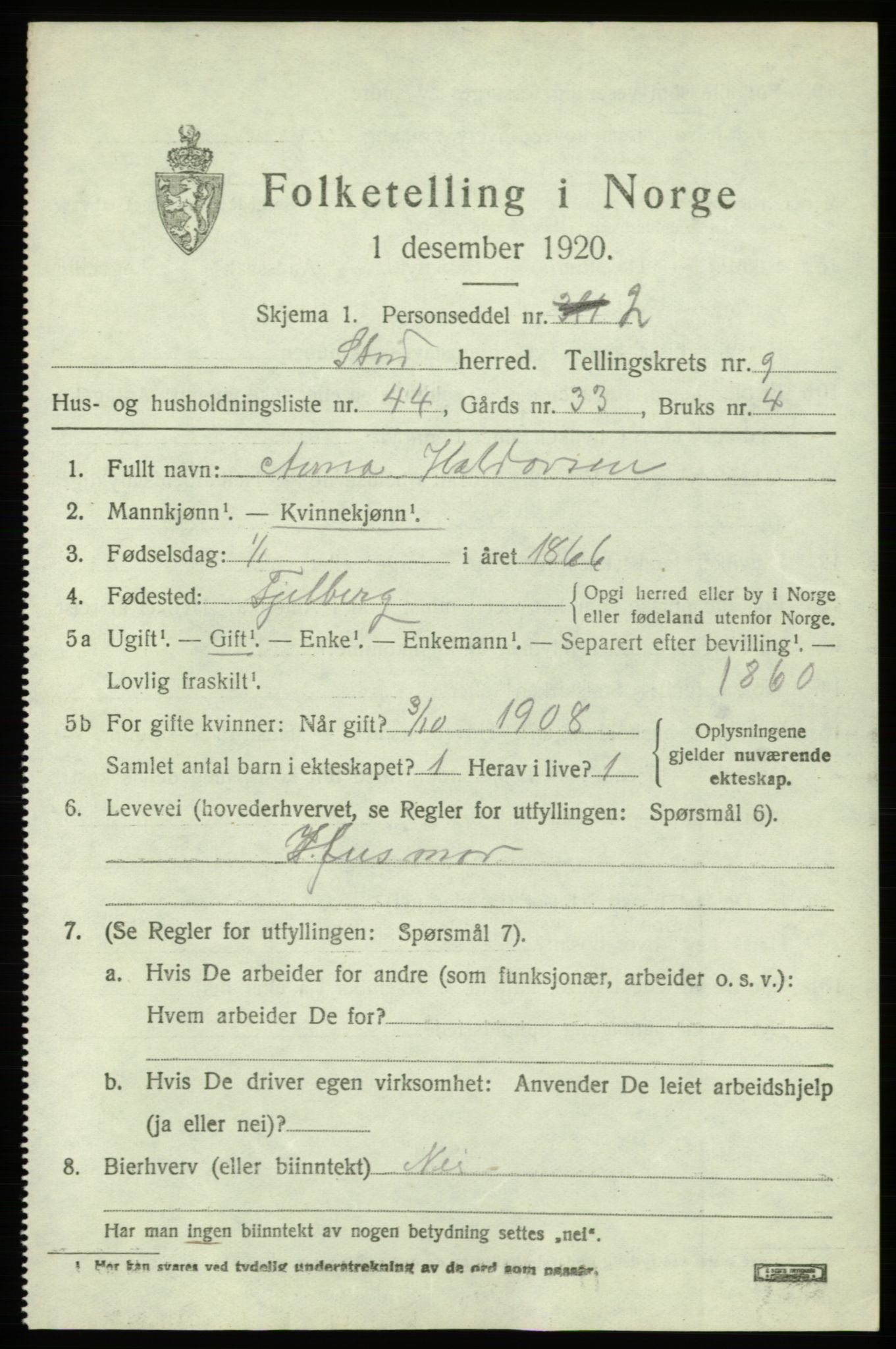 SAB, 1920 census for Stord, 1920, p. 5331