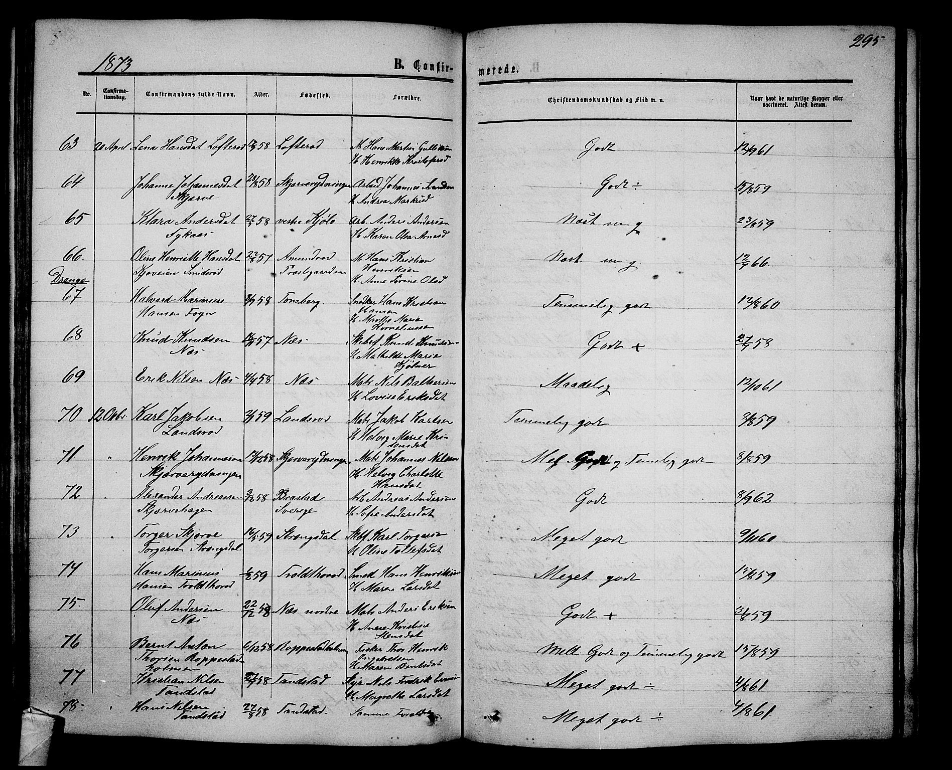 Nøtterøy kirkebøker, AV/SAKO-A-354/G/Ga/L0002: Parish register (copy) no. I 2, 1860-1877, p. 295