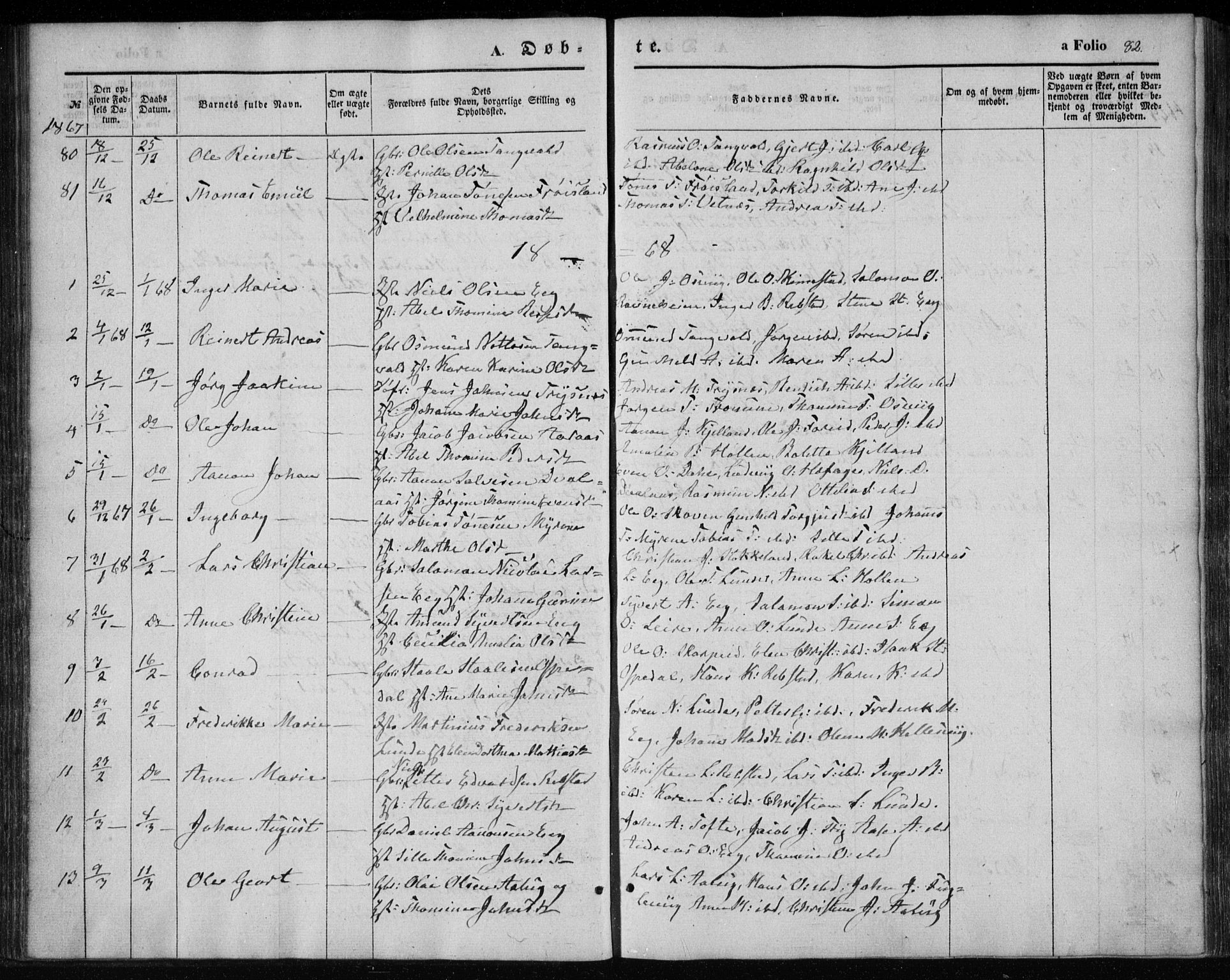 Søgne sokneprestkontor, SAK/1111-0037/F/Fa/Fab/L0010: Parish register (official) no. A 10, 1853-1869, p. 82