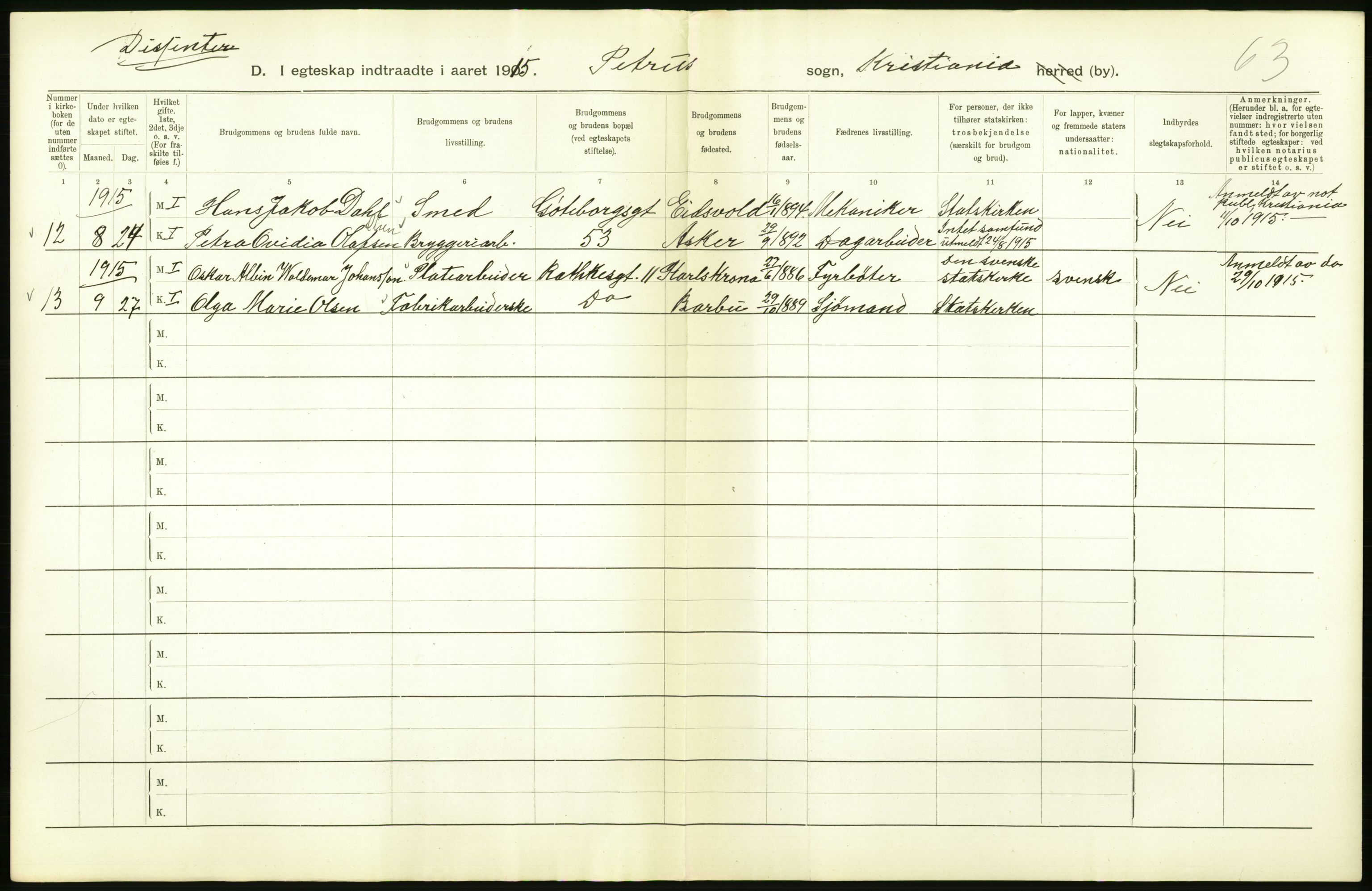 Statistisk sentralbyrå, Sosiodemografiske emner, Befolkning, RA/S-2228/D/Df/Dfb/Dfbe/L0008: Kristiania: Gifte., 1915, p. 446