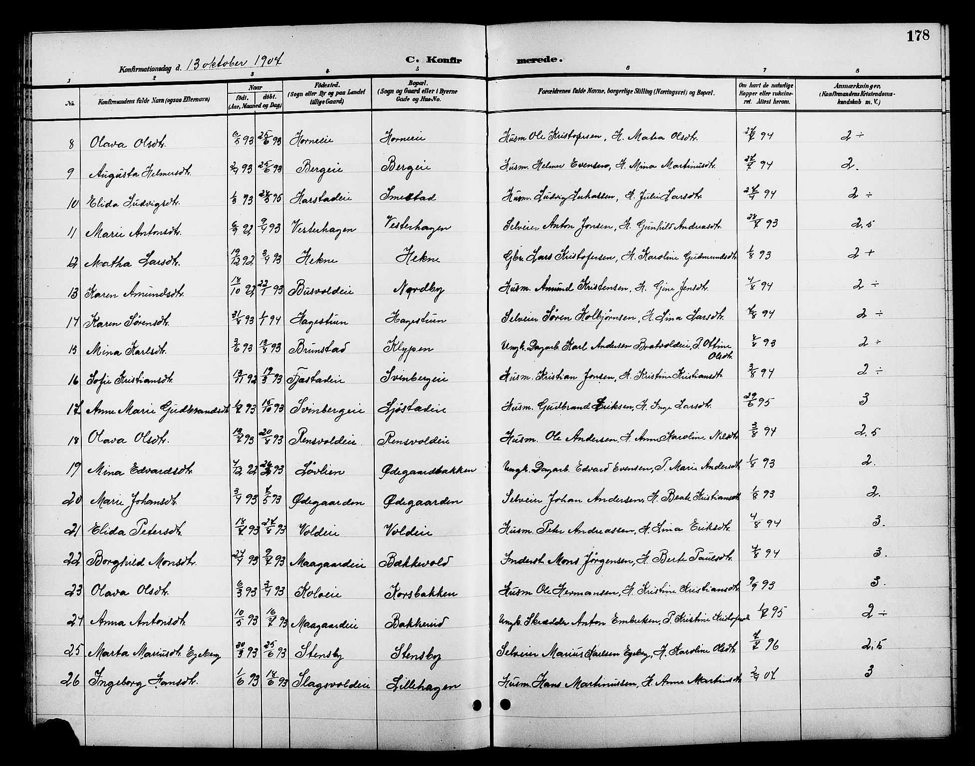 Romedal prestekontor, SAH/PREST-004/L/L0012: Parish register (copy) no. 12, 1896-1914, p. 178