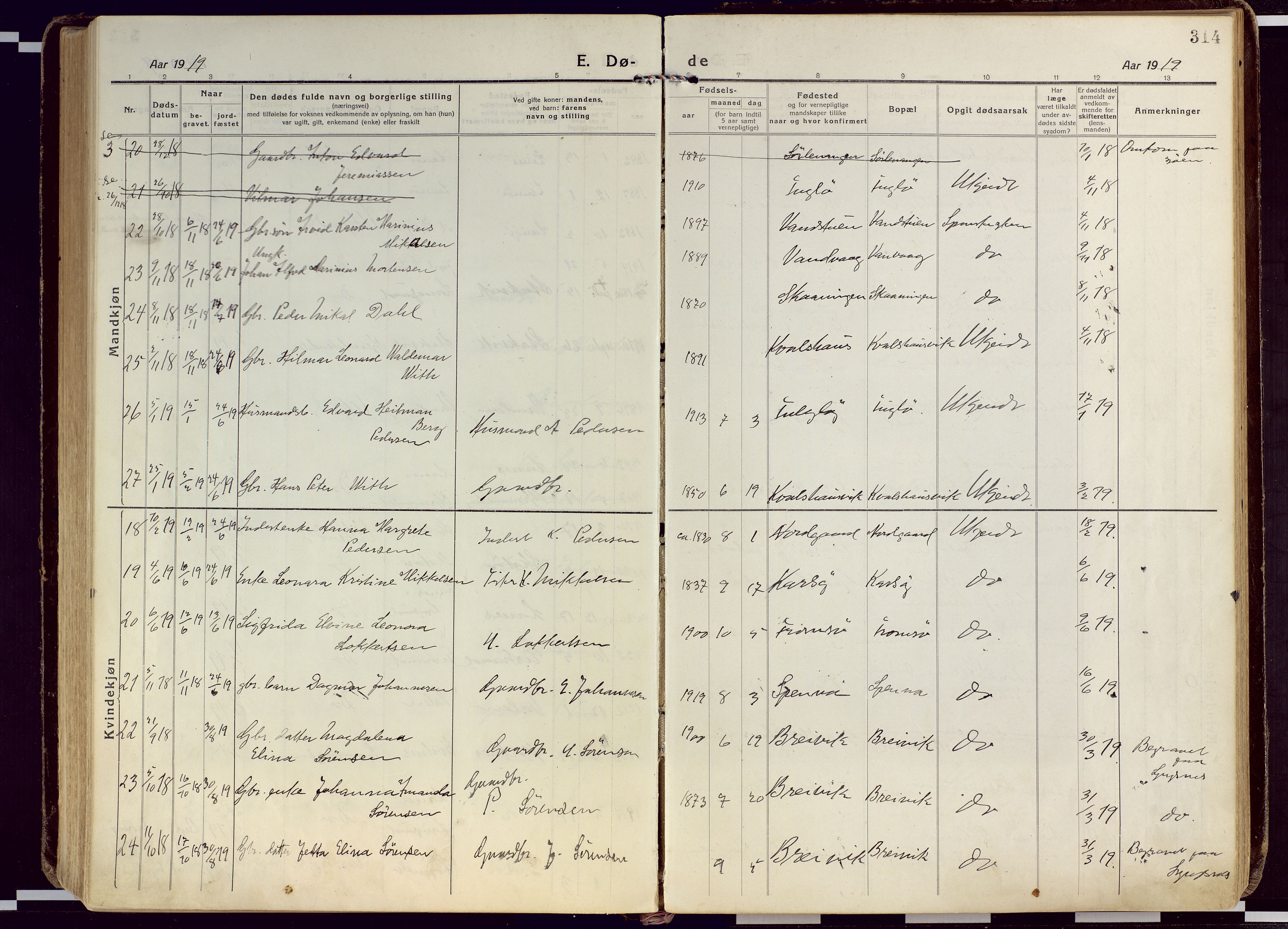 Karlsøy sokneprestembete, SATØ/S-1299/H/Ha/Haa/L0015kirke: Parish register (official) no. 15, 1918-1929, p. 314