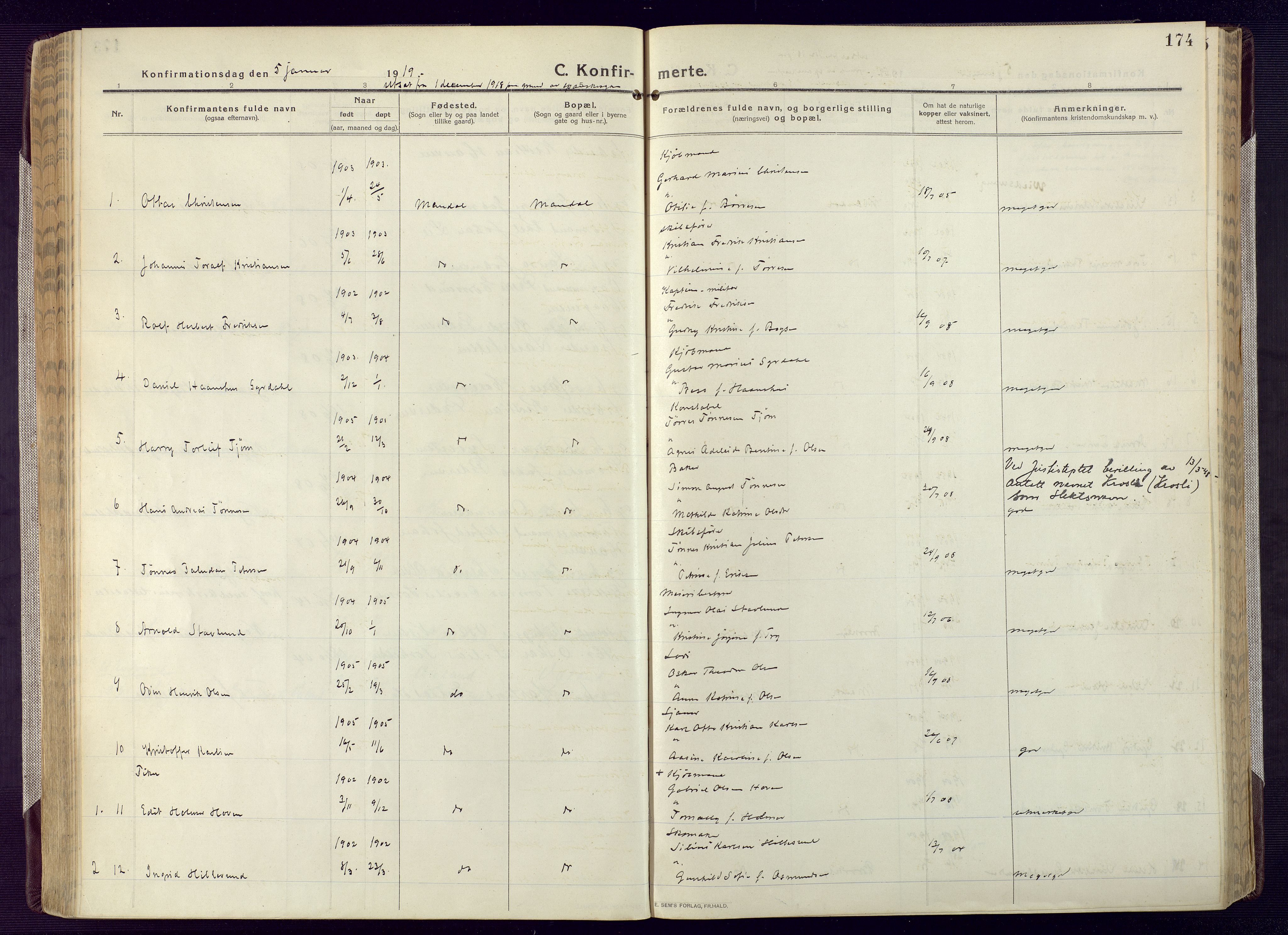 Mandal sokneprestkontor, SAK/1111-0030/F/Fa/Fac/L0001: Parish register (official) no. A 1, 1913-1925, p. 174