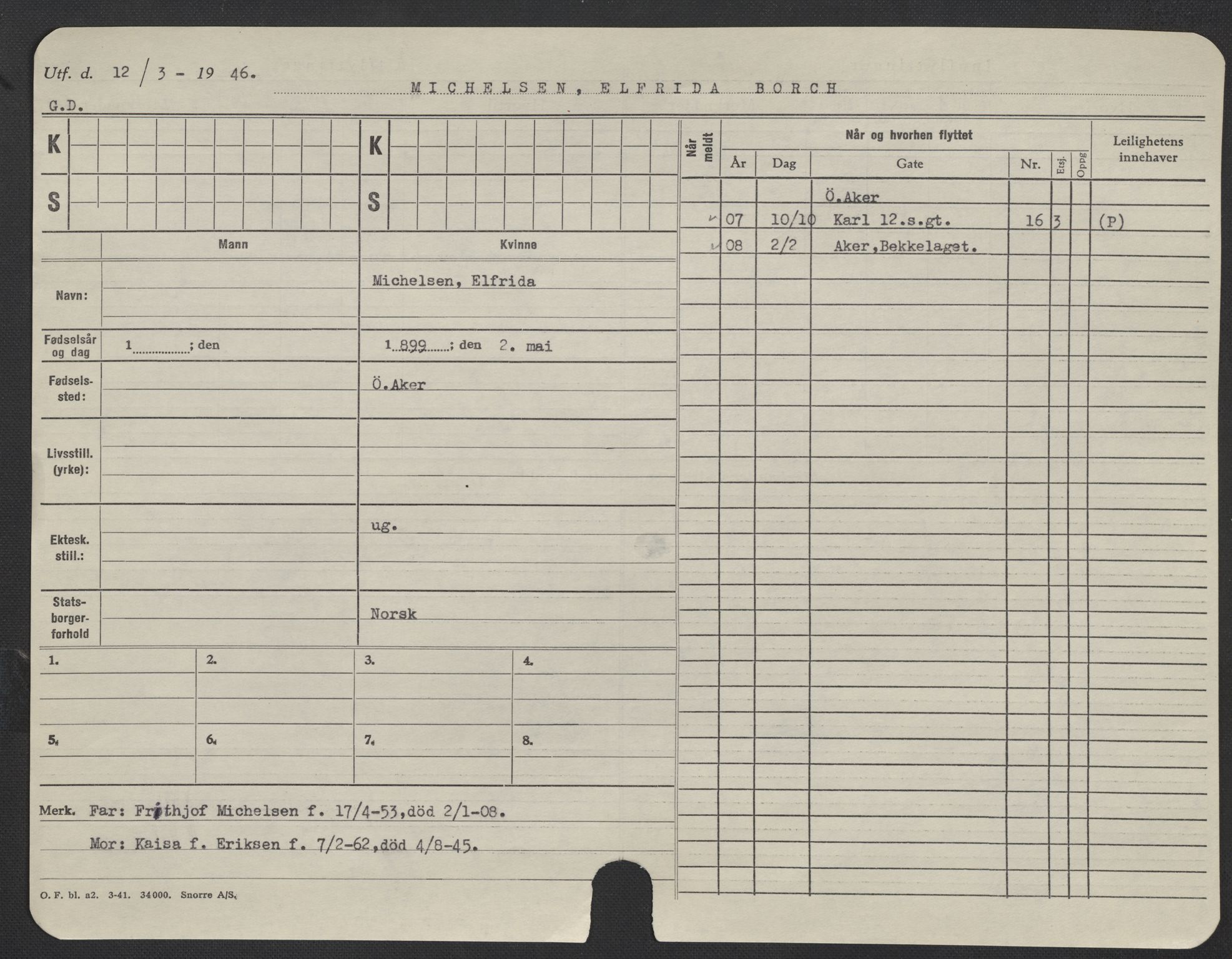 Oslo folkeregister, Registerkort, AV/SAO-A-11715/F/Fa/Fac/L0020: Kvinner, 1906-1914, p. 852a