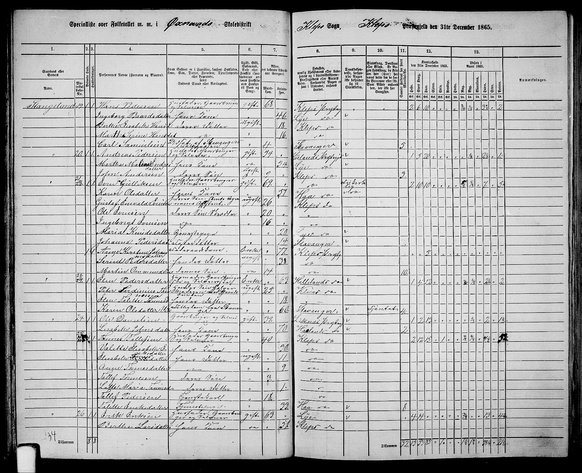 RA, 1865 census for Klepp, 1865, p. 31