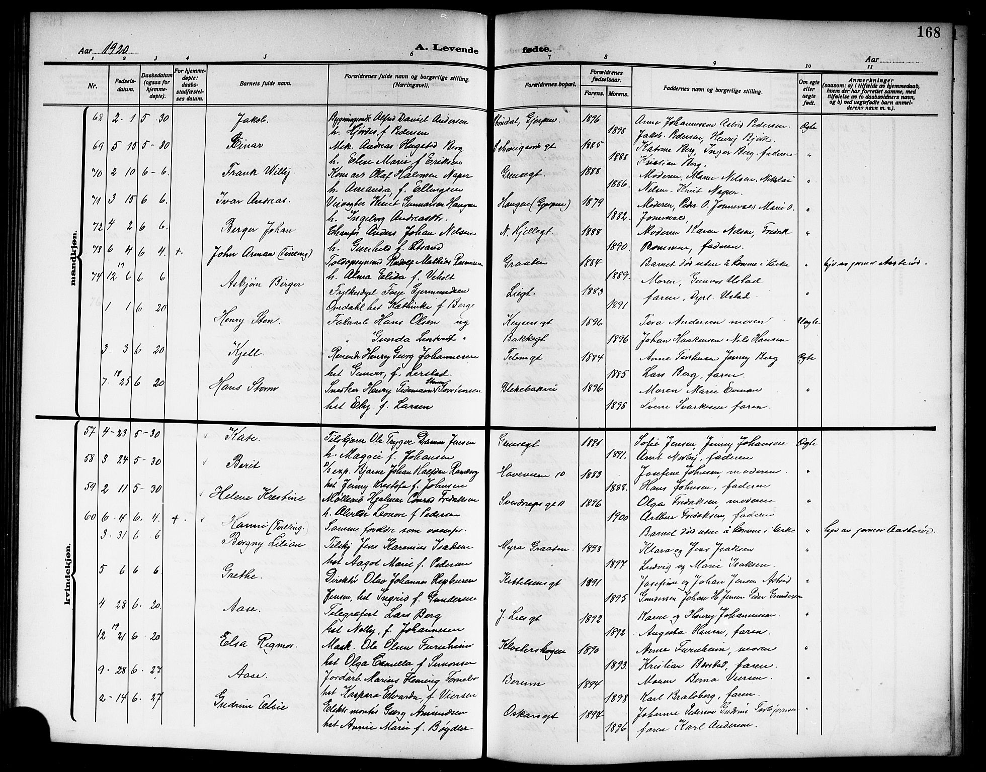 Skien kirkebøker, SAKO/A-302/G/Ga/L0009: Parish register (copy) no. 9, 1910-1920, p. 168