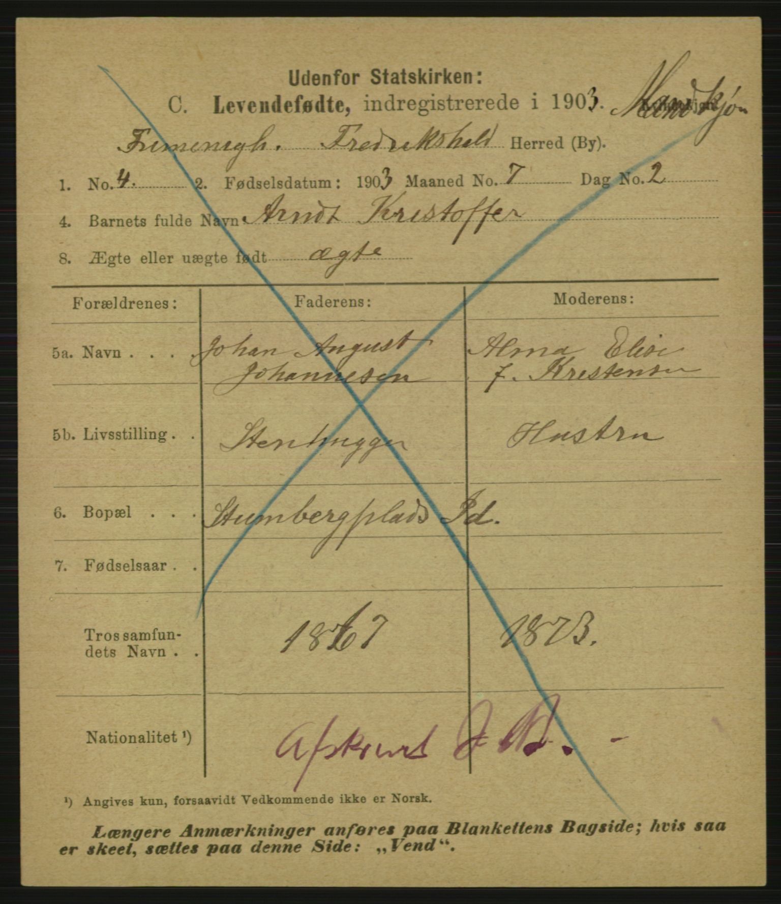 Statistisk sentralbyrå, Sosiodemografiske emner, Befolkning, AV/RA-S-2228/E/L0001: Fødte, gifte, døde dissentere., 1903, p. 3191