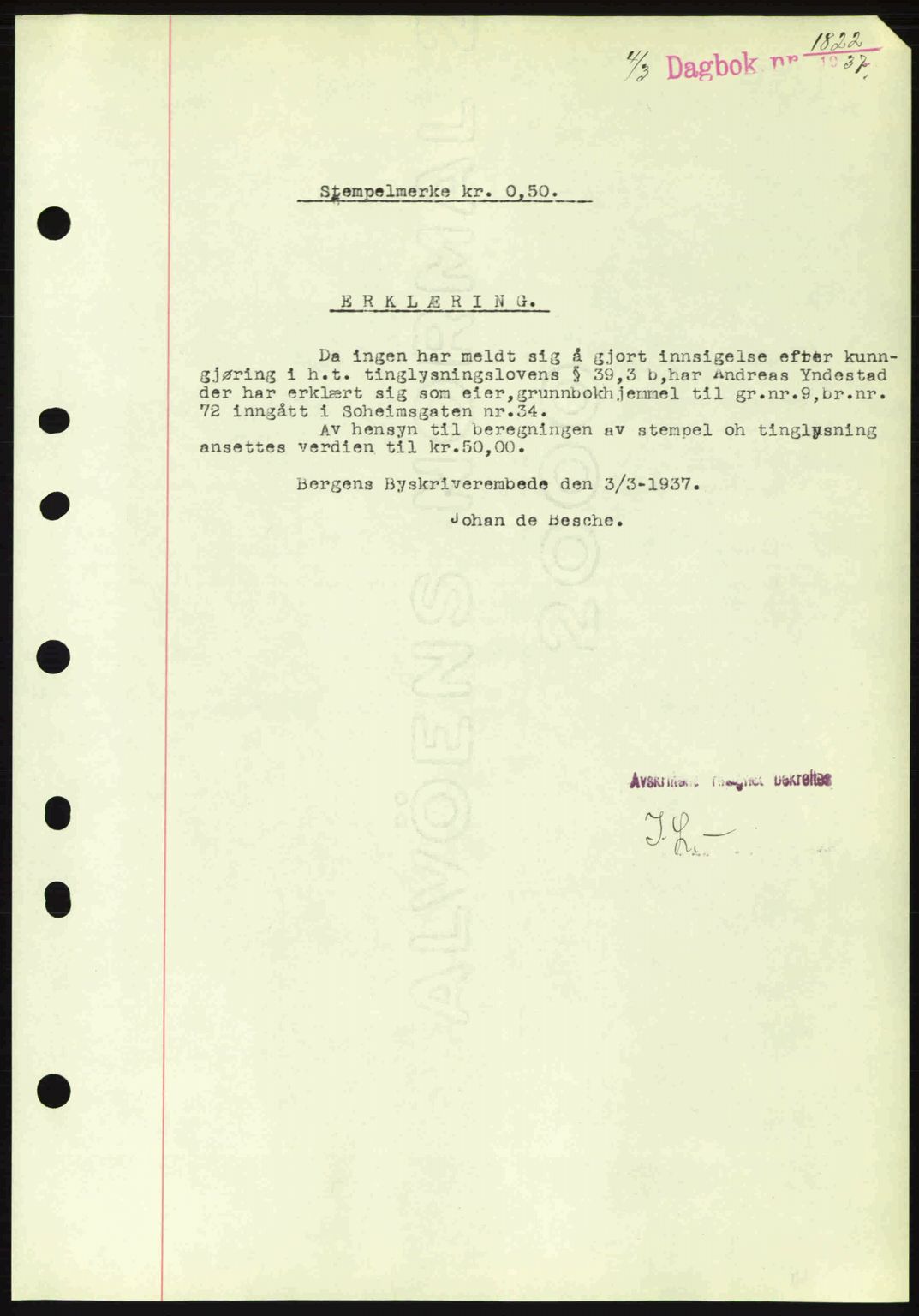 Byfogd og Byskriver i Bergen, SAB/A-3401/03/03Bc/L0004: Mortgage book no. A3-4, 1936-1937, Diary no: : 1822/1937