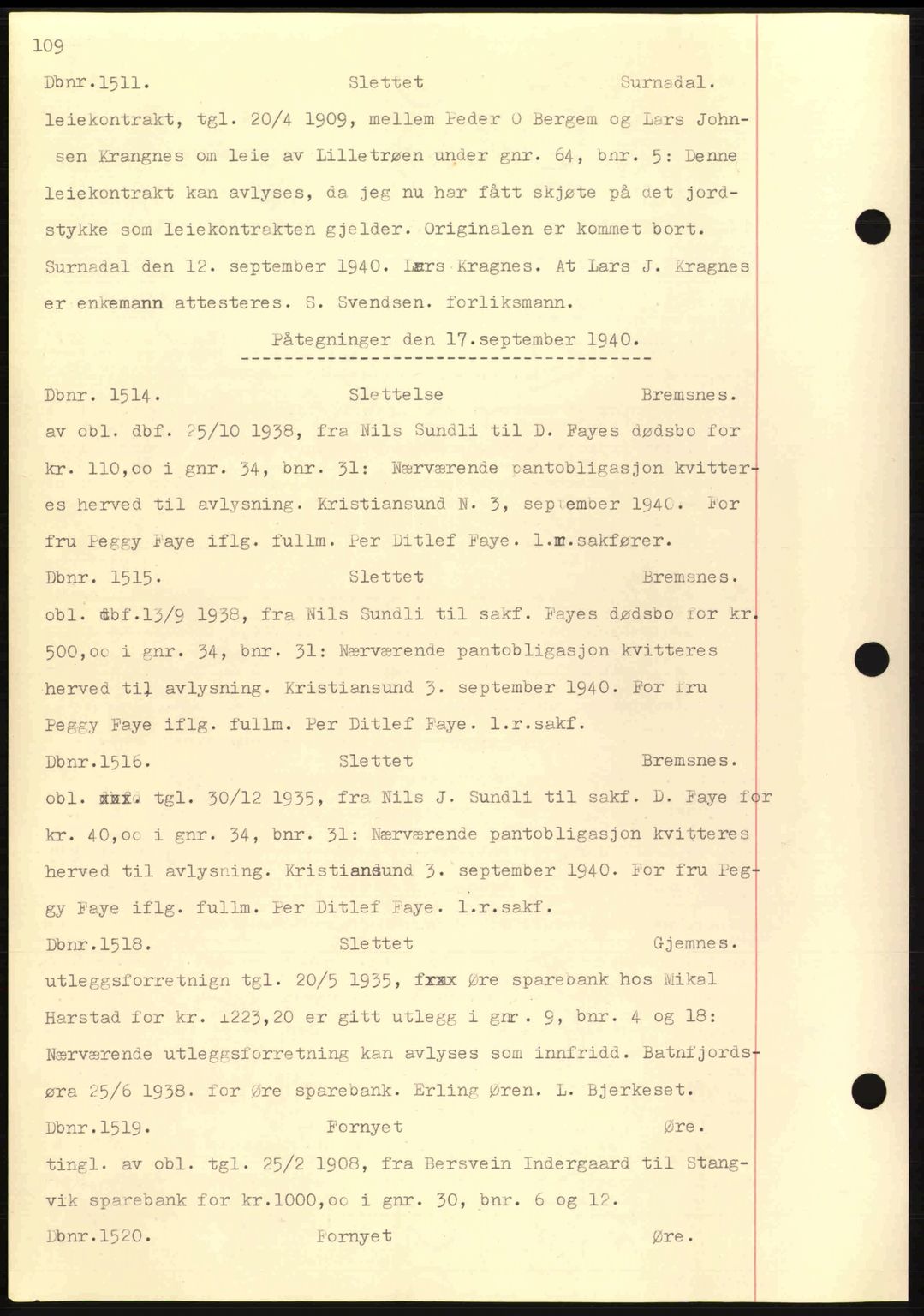 Nordmøre sorenskriveri, AV/SAT-A-4132/1/2/2Ca: Mortgage book no. C81, 1940-1945, Diary no: : 1511/1940