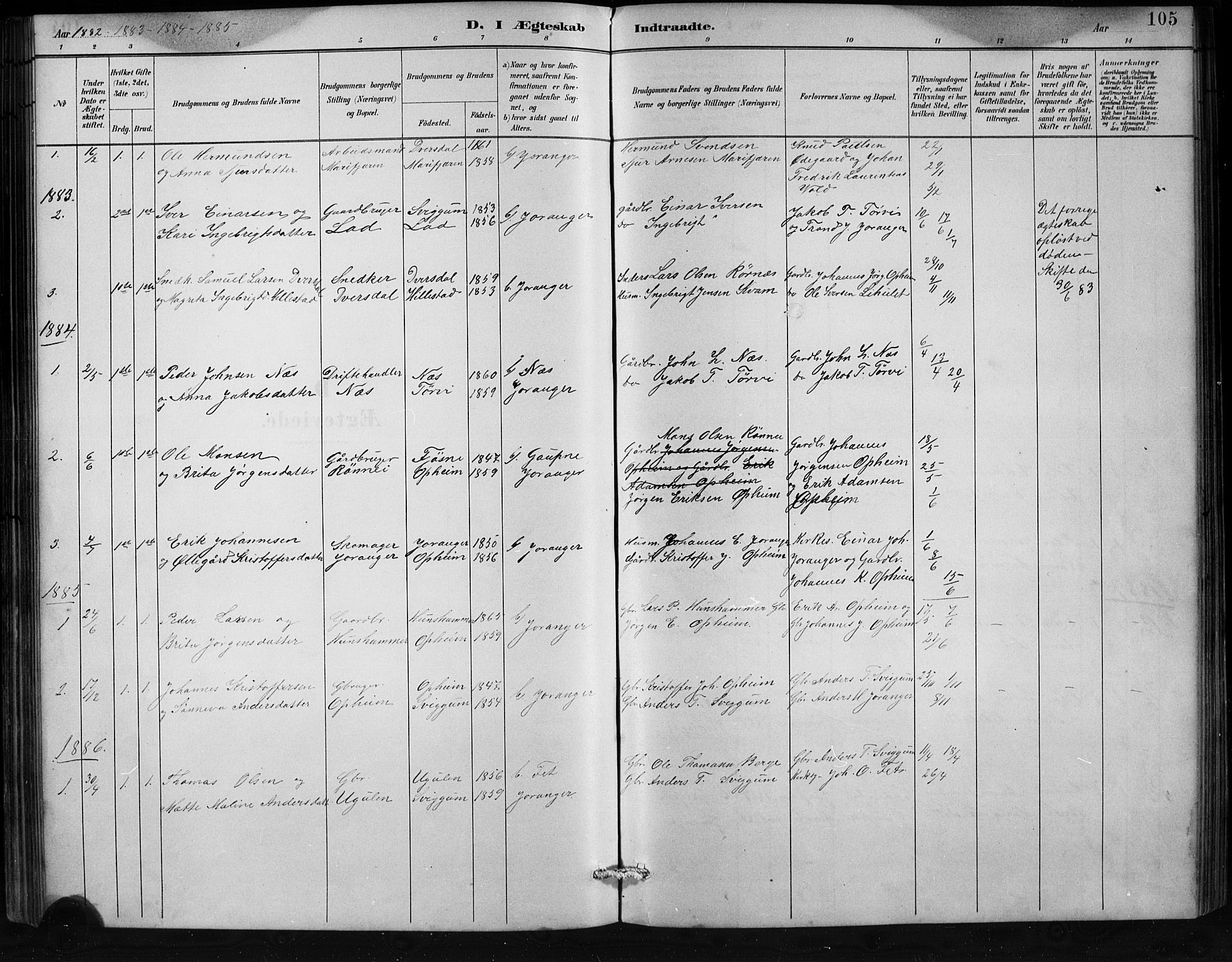 Jostedal sokneprestembete, SAB/A-80601/H/Hab/Habd/L0001: Parish register (copy) no. D 1, 1882-1910, p. 105