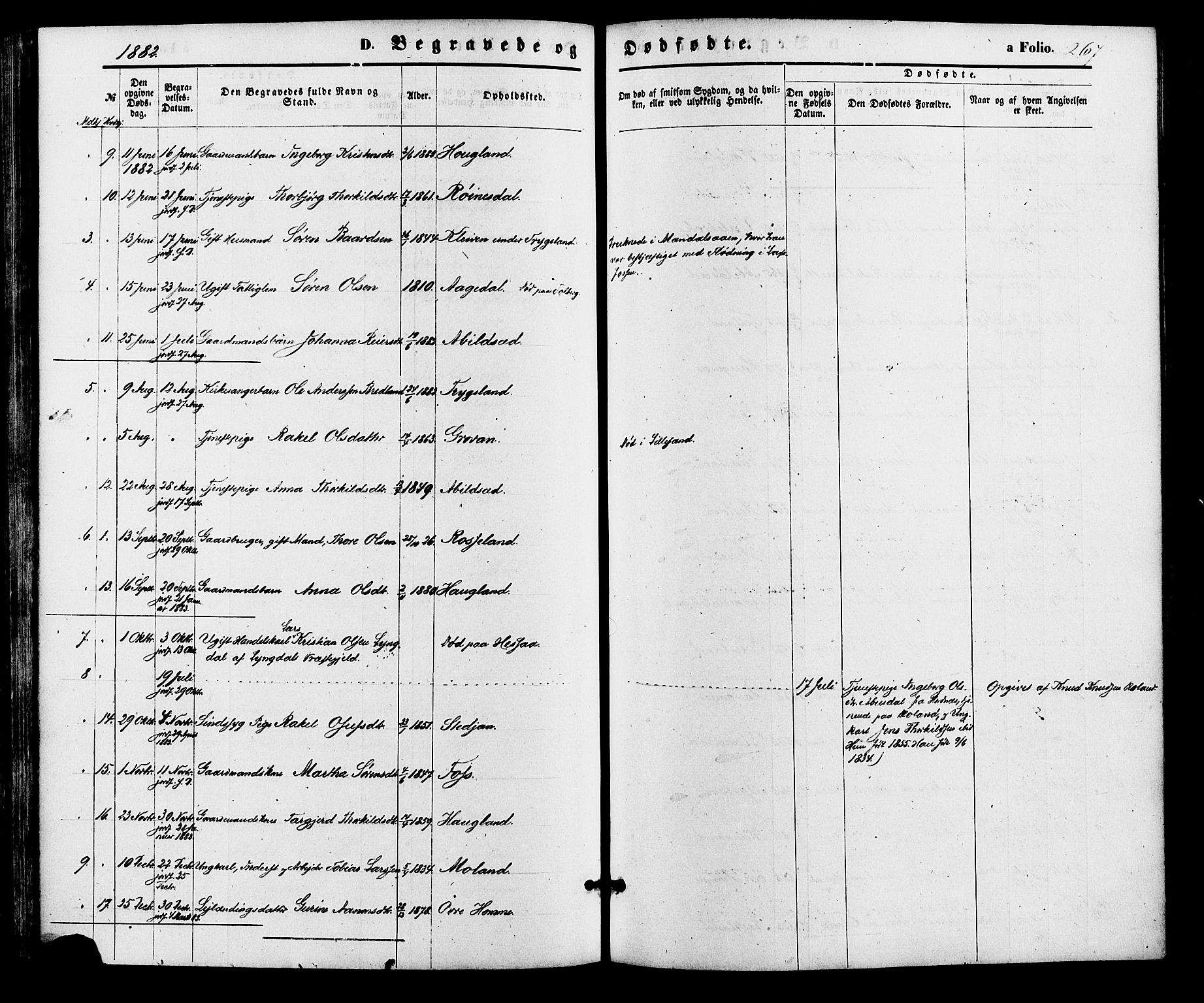 Bjelland sokneprestkontor, AV/SAK-1111-0005/F/Fa/Faa/L0003: Parish register (official) no. A 3, 1867-1887, p. 267