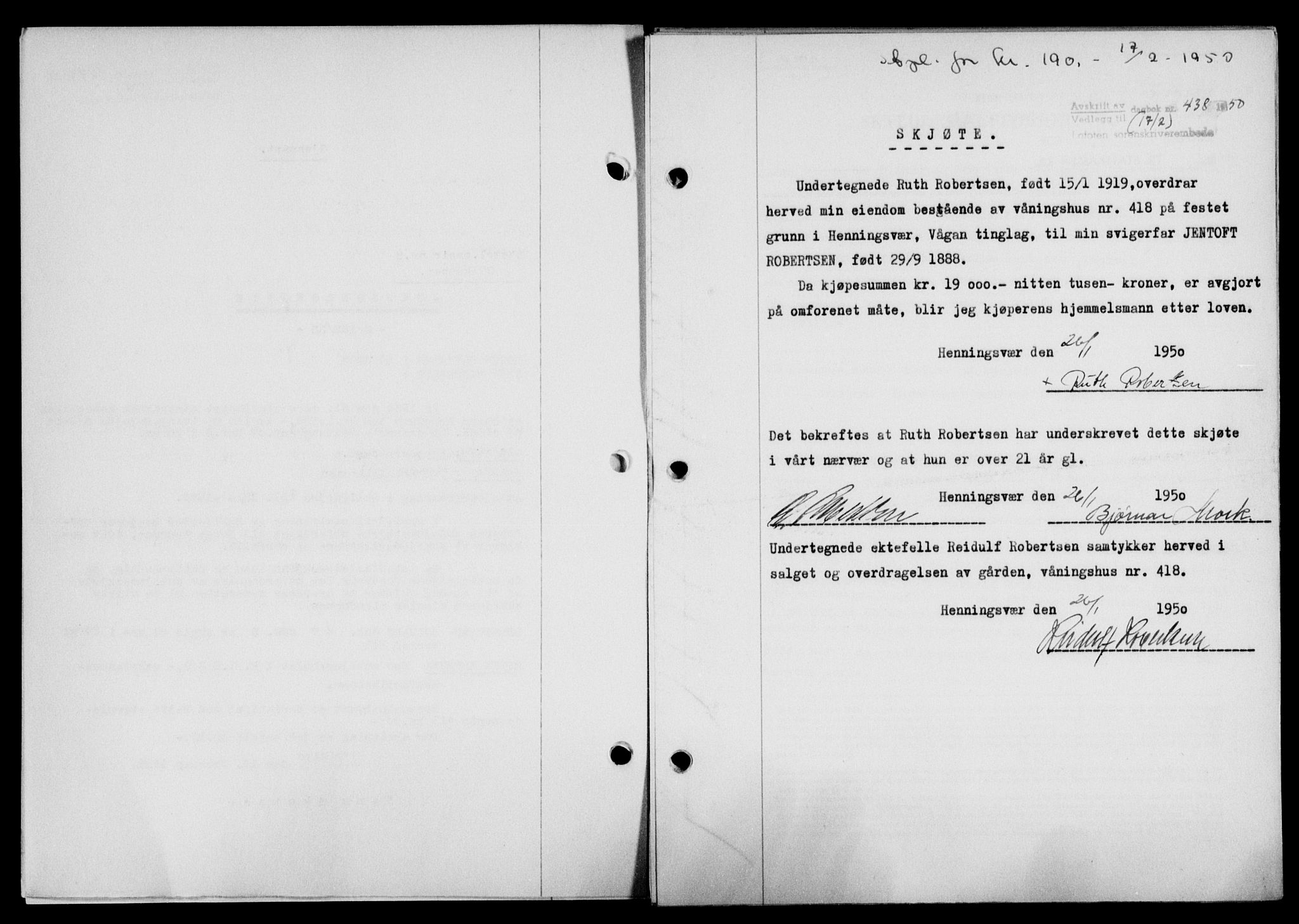 Lofoten sorenskriveri, SAT/A-0017/1/2/2C/L0023a: Mortgage book no. 23a, 1950-1950, Diary no: : 438/1950